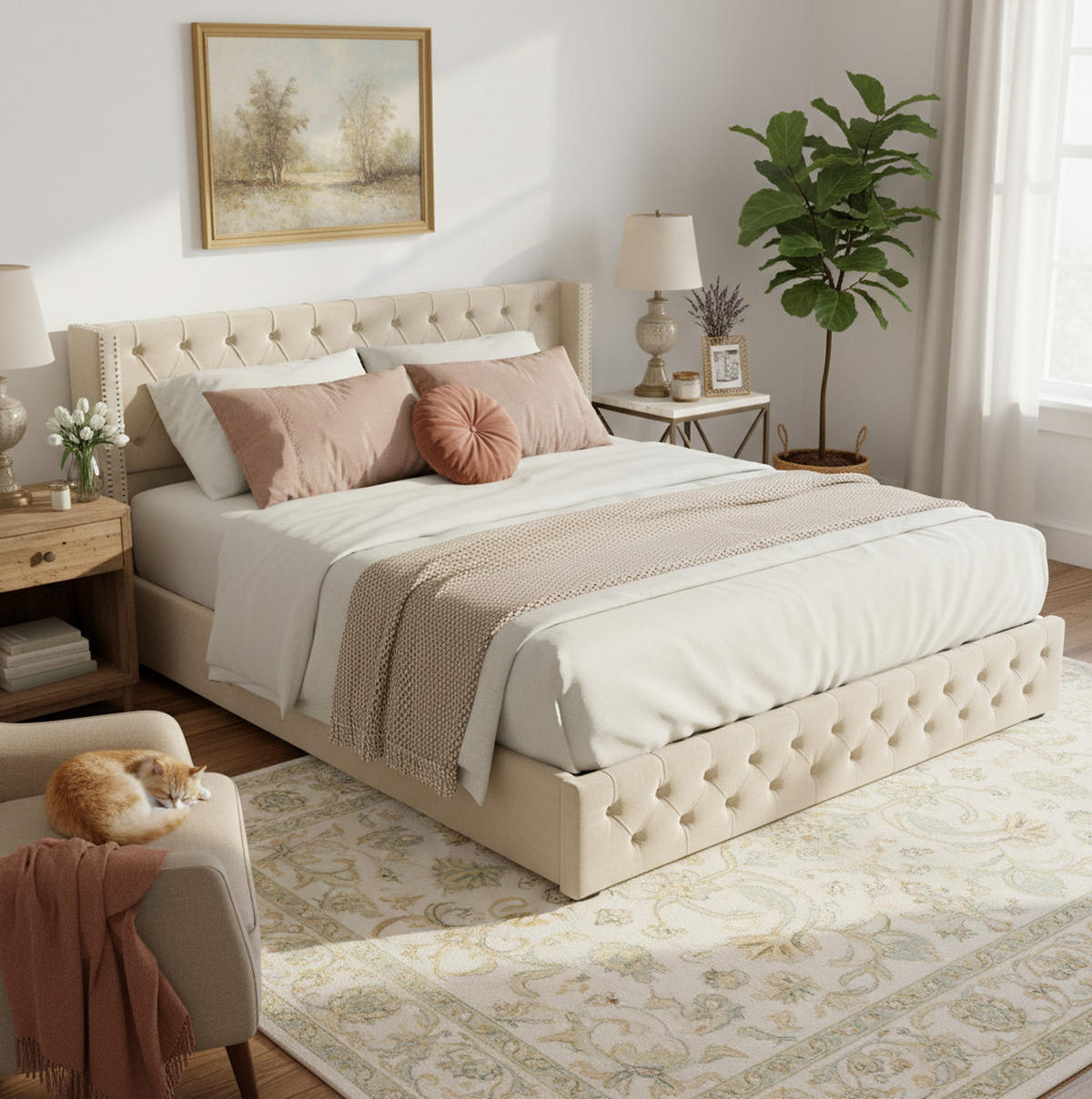 POLSTERBETT aus Samt 140x200 cm Beige mit hydraulischem Bettkasten und Lattenrost - Beige, Textil (140/200cm) - IVMEU