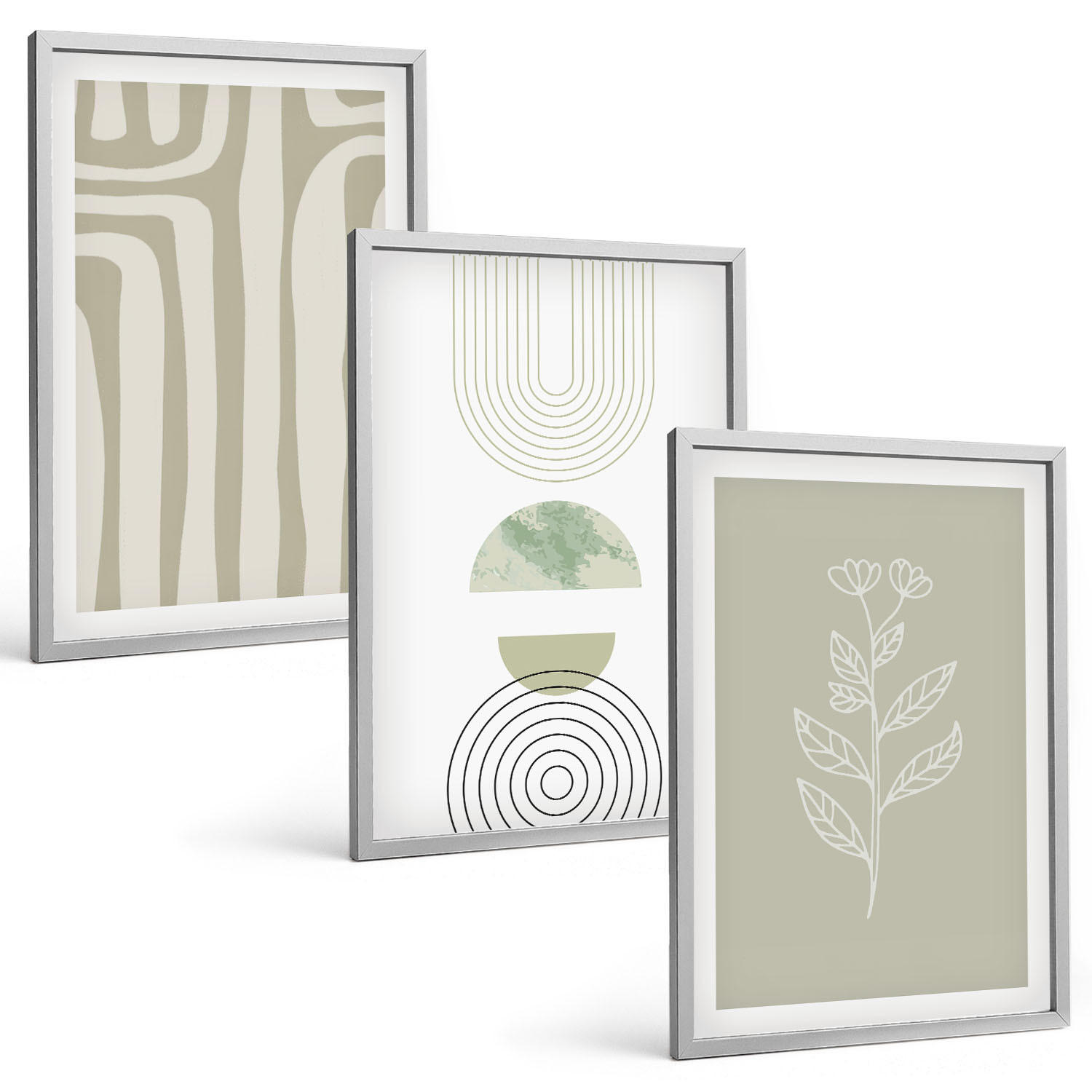 BILDER SET 3er Set - 40x60 cm Silberner Rahmen - Geometrische Pflanzenmuster - Silberfarben, Kunststoff (40/60cm) - TULUP