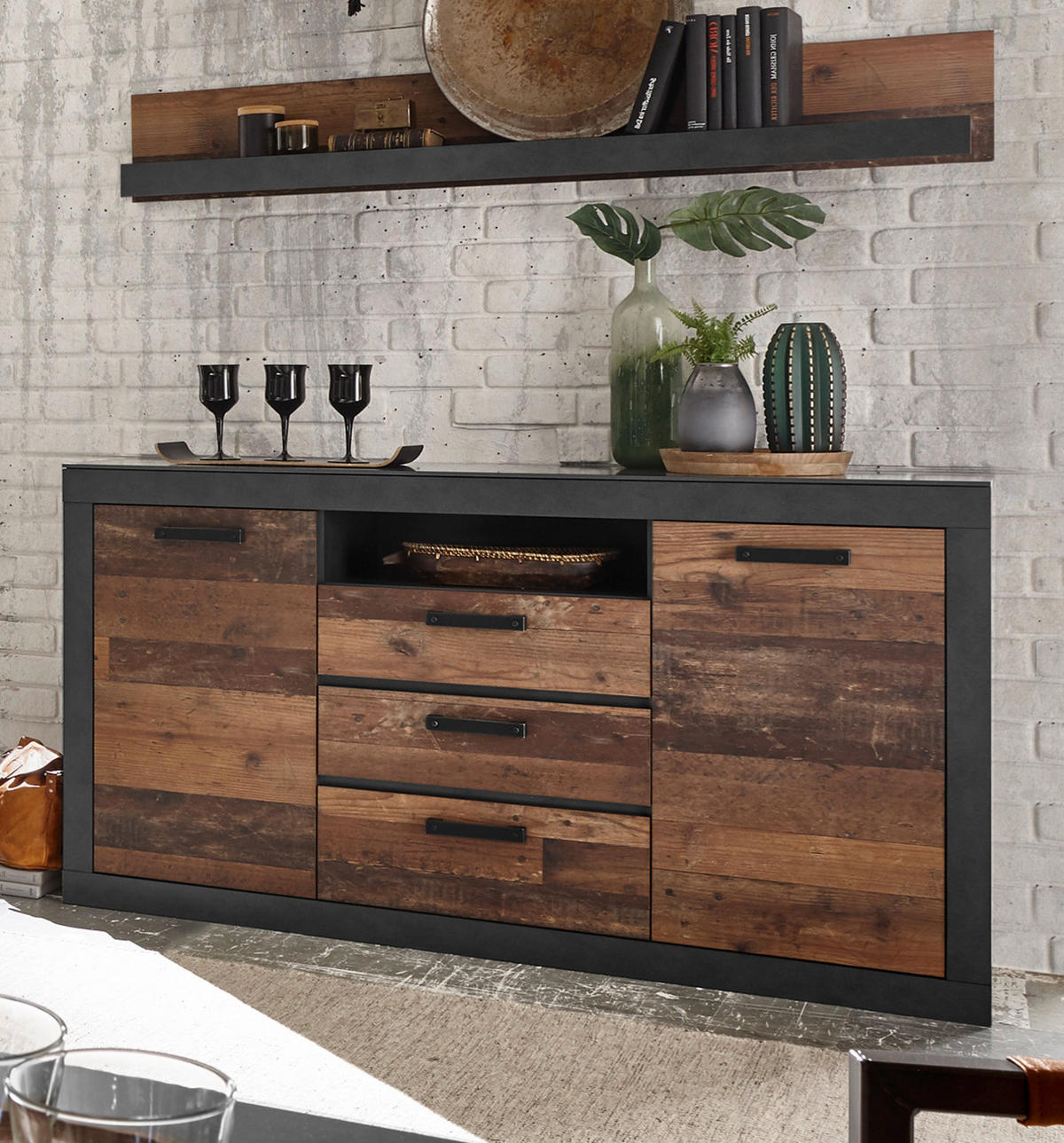 WANDBOARD Old Used Wood Shabby Design mit grau, Wandregal, 153 x 23 cm - Braun/Grau, Holzwerkstoff (153/23/18cm) - Furn.Design