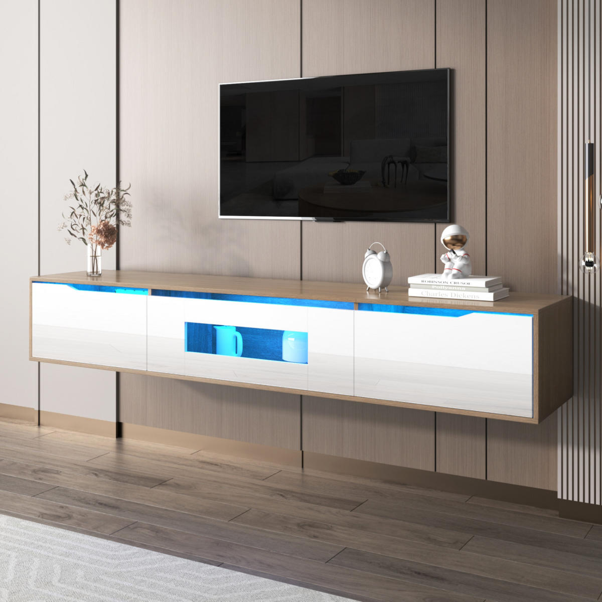 TV-LOWBOARD hängend in Holzoptik mit LED-Licht, Wandmontage Wohnzimmer - Weiß, Holz (180/35/30cm) - PARAFTA HOME