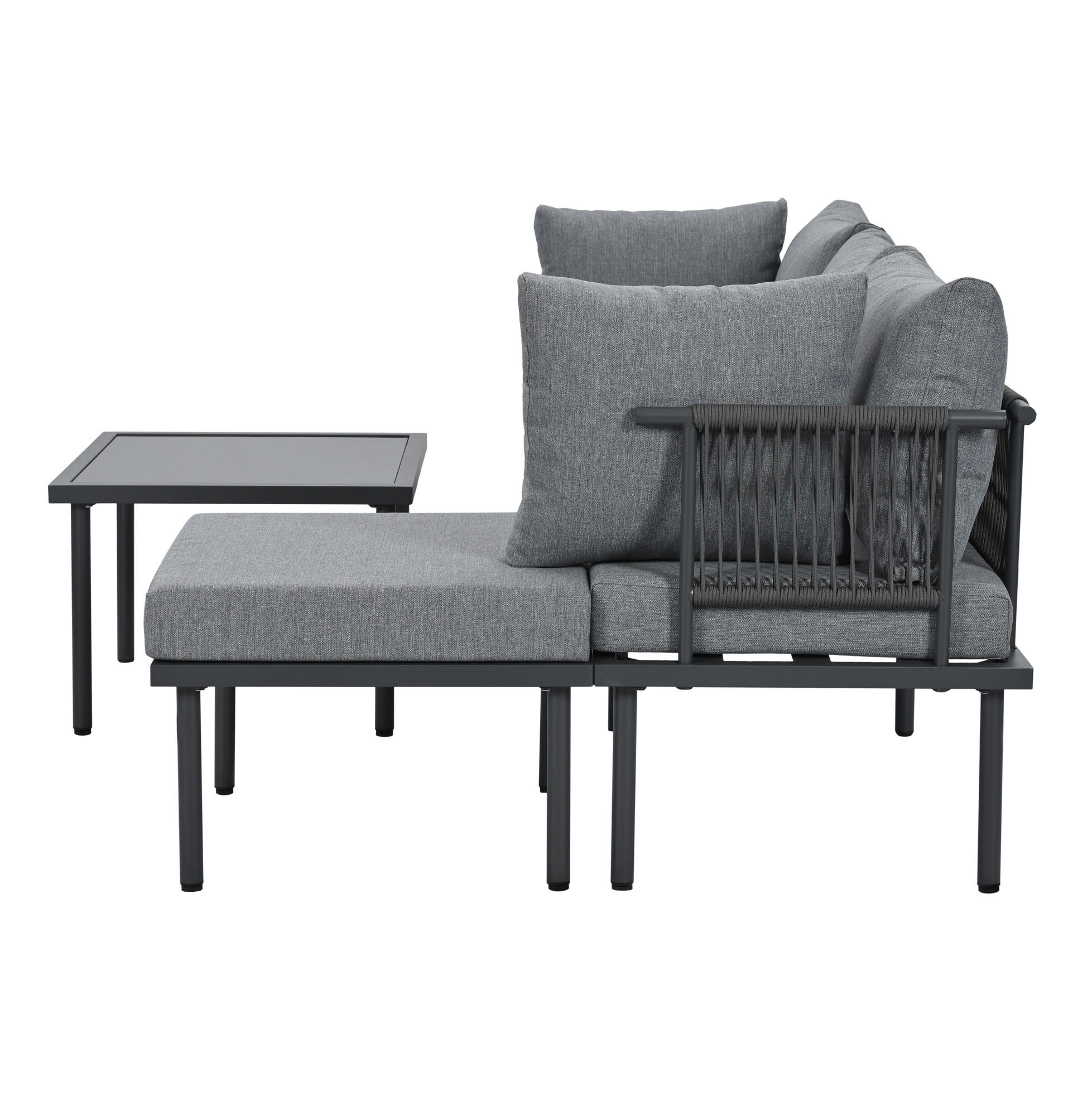 GARTENMÖBEL-SET 173/60/66 cm schwarz/grau aus Olefin mit Glastischplatte und Seilgeflecht - Grau, Metall - OKWISH