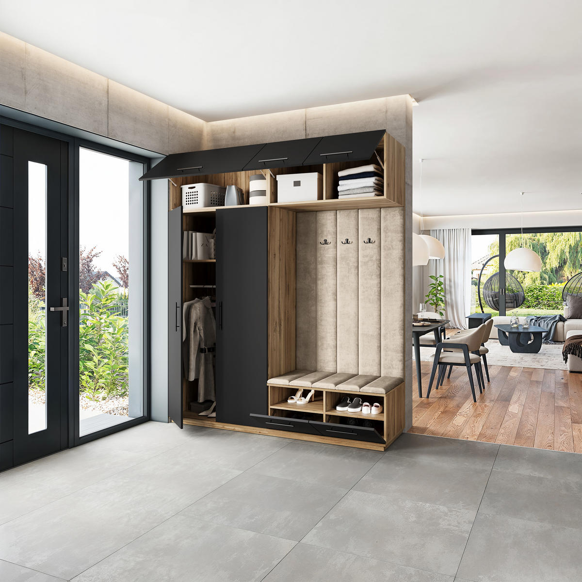 GARDEROBENSCHRANK REMA 200/240/60 cm Modern Eiche Wotan - Eiche Wotan/Schwarz, Holzwerkstoff (200/240/60cm) - MASSENO