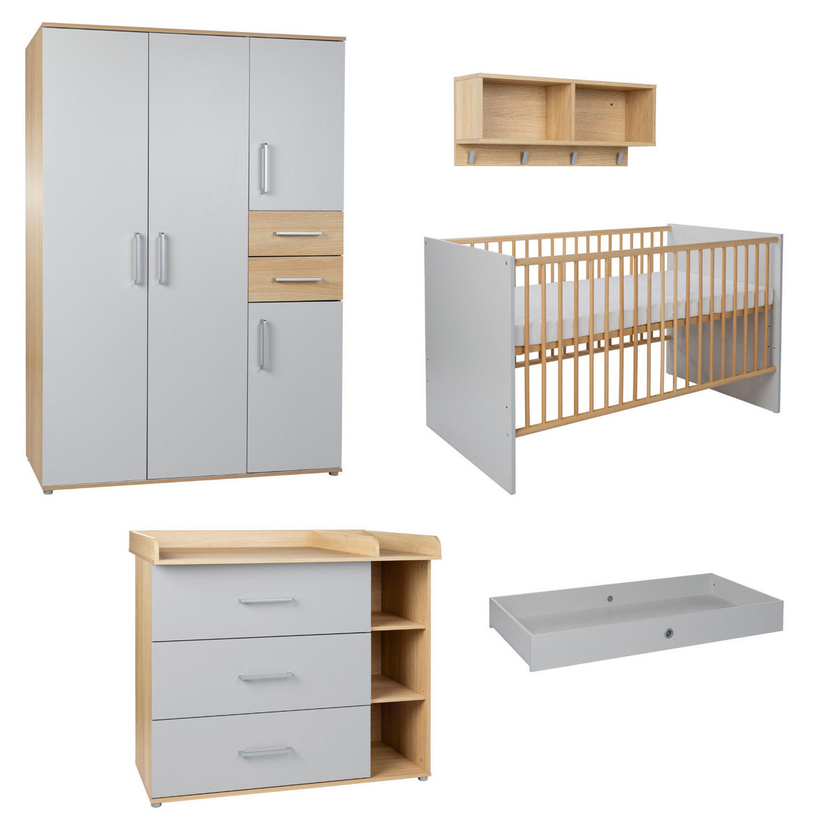 BABYZIMMER SET Elina 5-tlg. - Eichefarben/Silberfarben, Holz/Holzwerkstoff (1/1/1cm) - arthur berndt