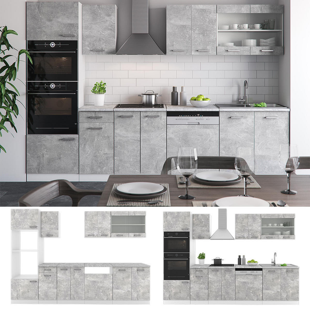 KÜCHENZEILE R-Line Beton/Weiß 300 cm mit Hochschrank, AP Anthrazit - Schieferfarben/Weiß, Holzwerkstoff (300/81.6/60cm) - Vicco