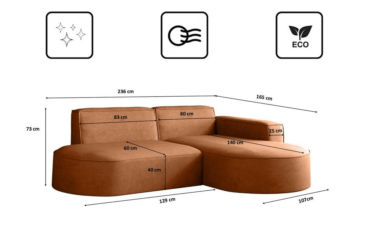 ECKSOFA Modena Modern Und Komfort Velours Stoff Salvador Rechts Braun - Braun, Holz/Textil (236/165cm) - Kaiser Möbel