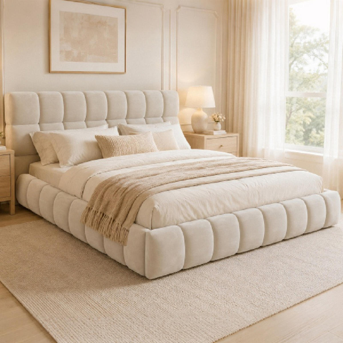 POLSTERBETT 140/200 cm in Beige Samt mit gepolstertem Kopfteil - Beige, Holzwerkstoff/Textil (140/200cm) - WISHDOR