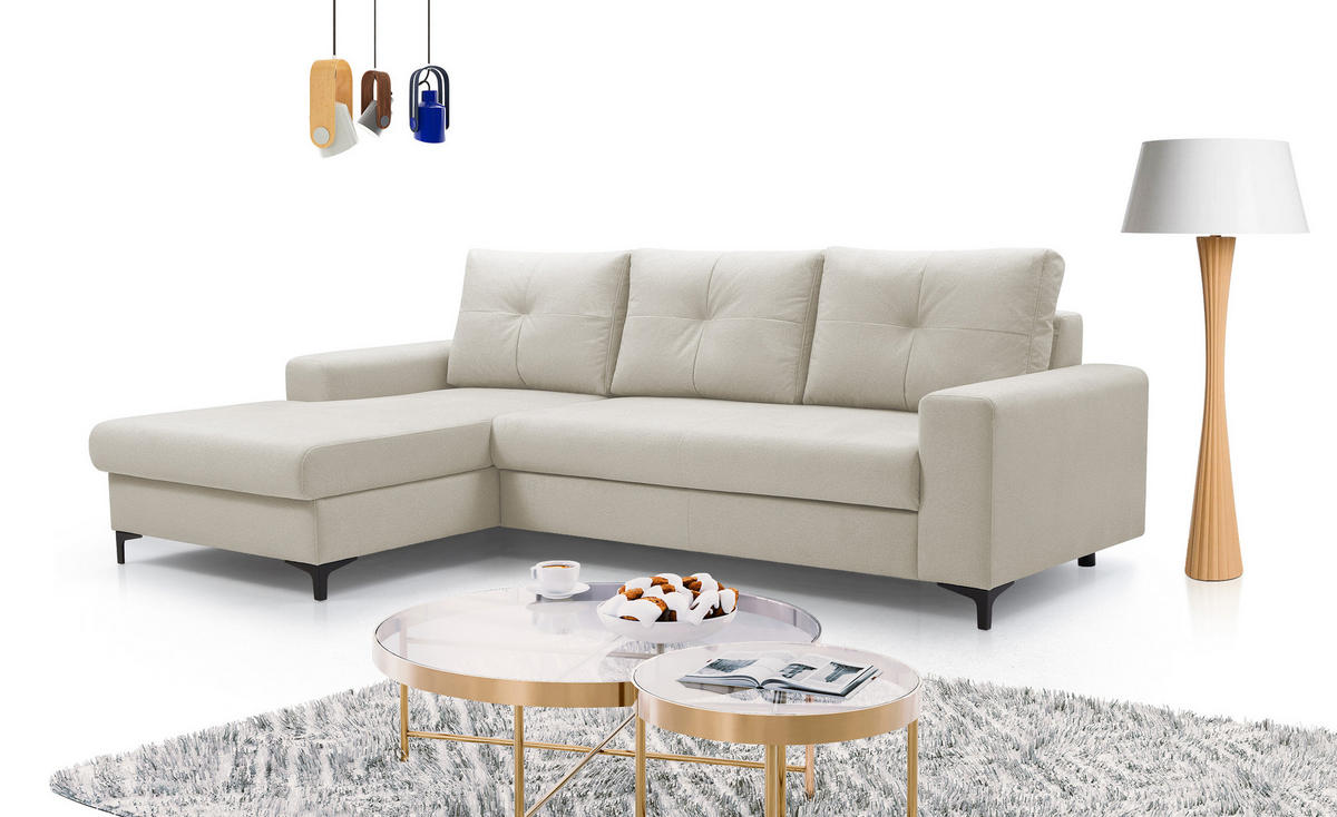 ECKSOFA AVRA L-förmig, mit Stauraumbehälter-in RINO-Stoff, Komfort & Eleganz, lose Rückenkissen, freistehend, LINKS 165x251x85 cm Beige - Beige, Holz/Textil (165/251cm) - DomoHome
