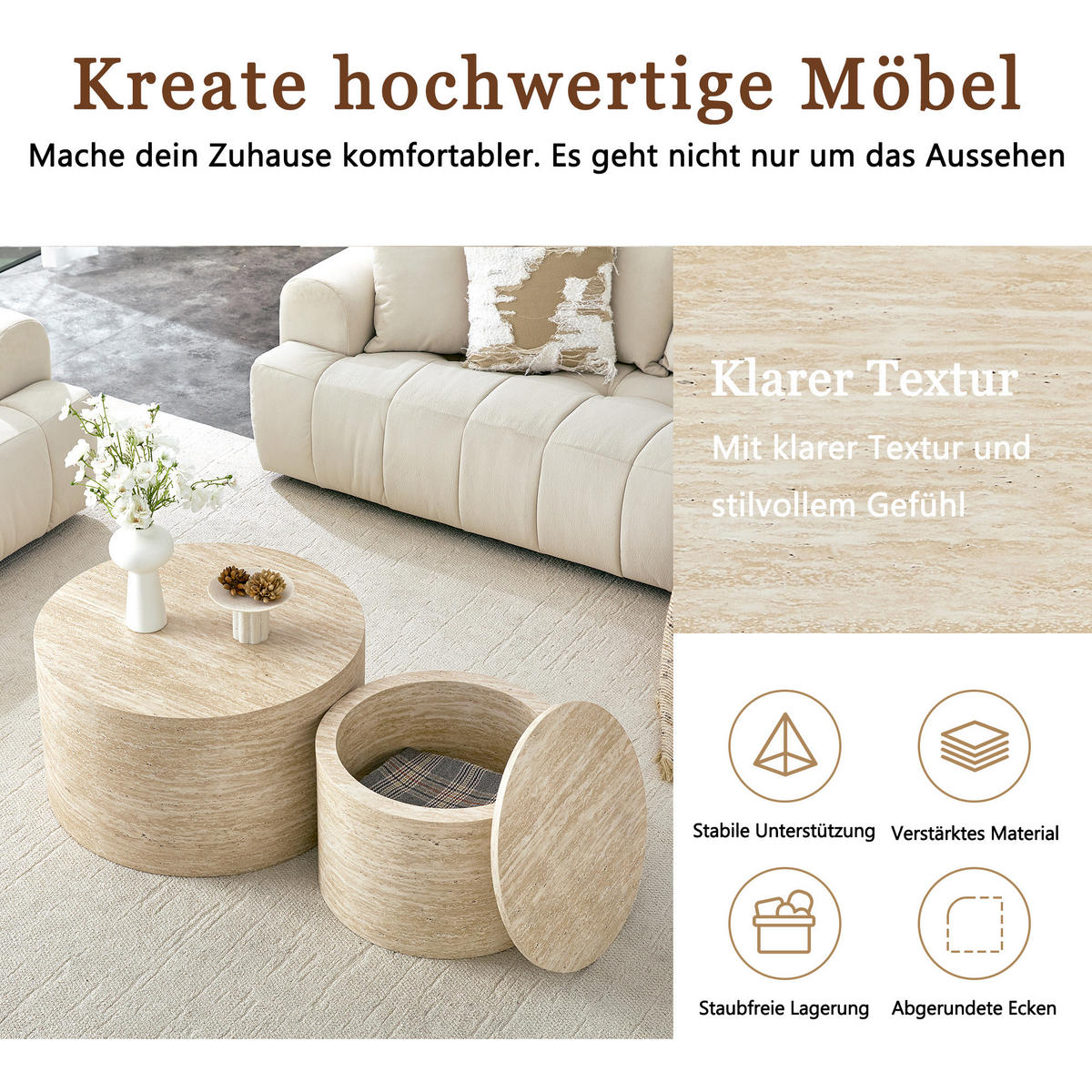 COUCHTISCH 2er-set Rund Holzoptik mit Stauraum & abnehmbarem Deckel - Naturfarben, Holzwerkstoff (62.8/62.8/35cm) - Urban Meuble