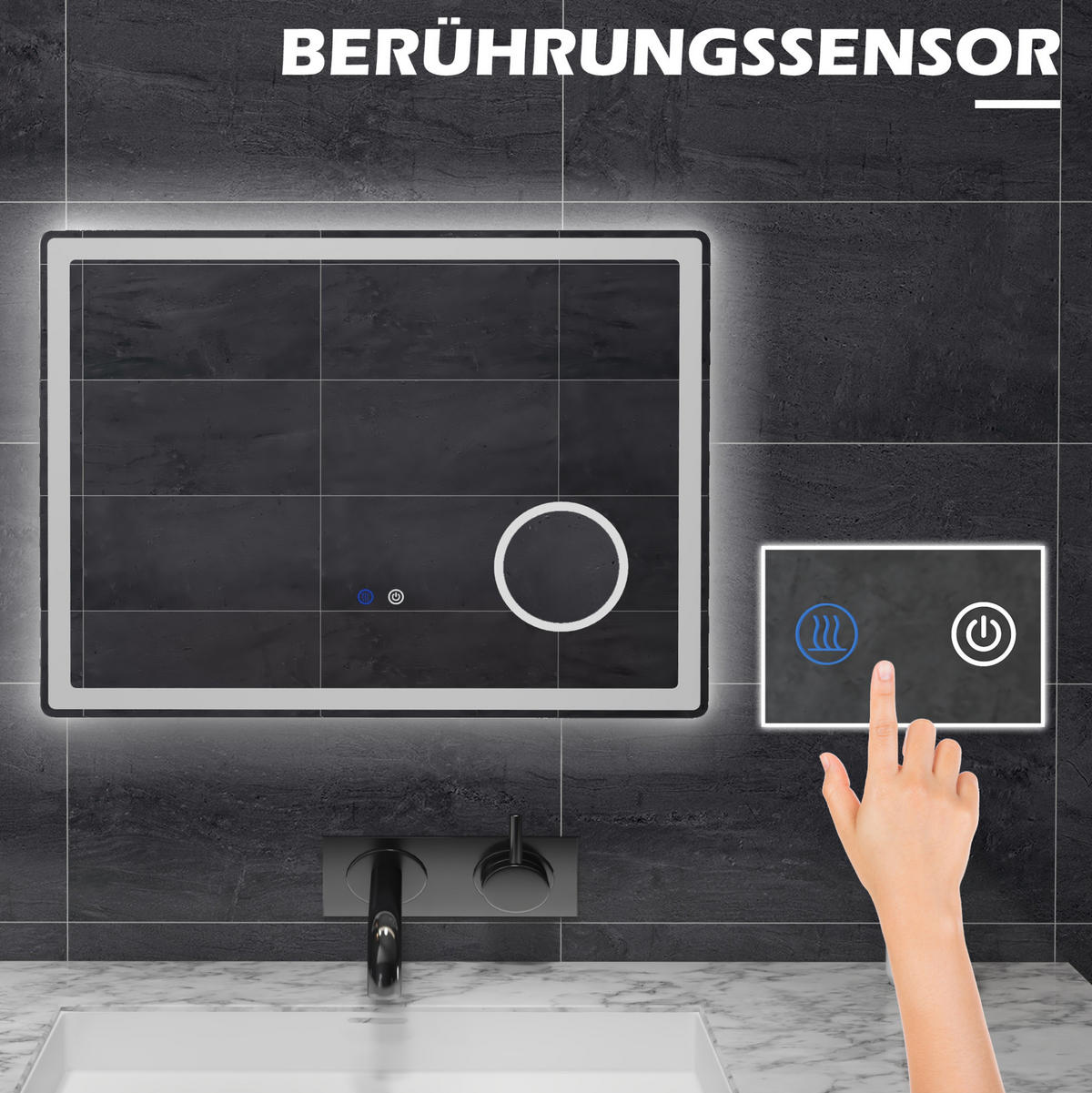 WANDSPIEGEL 80/3,8/60 cm weiß aus Eisen mit LED, Touch und Antibeschlag - Weiß, Metall (3.8/60/80cm) - OKWISH