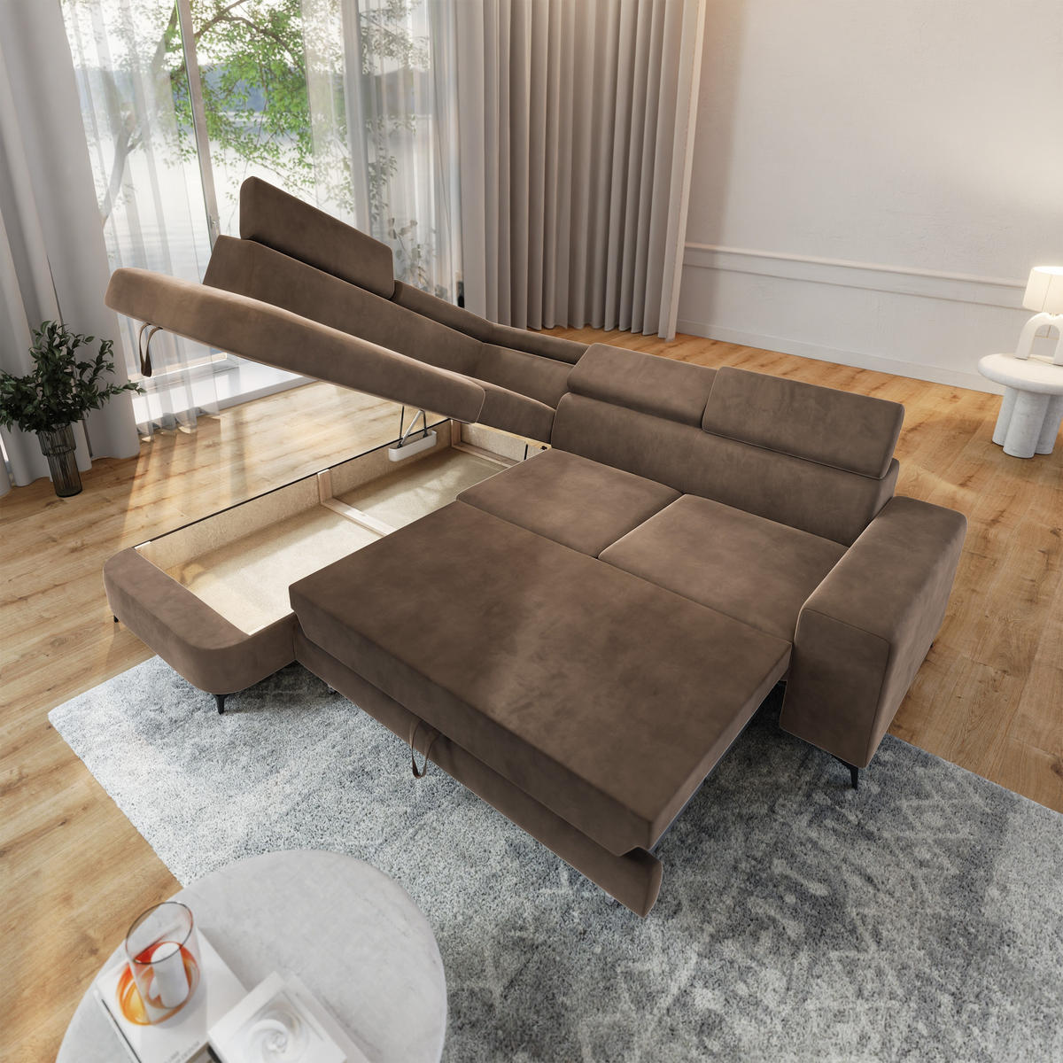 ECKSOFA ALVORO L-S Beige Velours-Stoff mit Schlaffunktion - Beige, Holz (253/190cm) - MASSENO