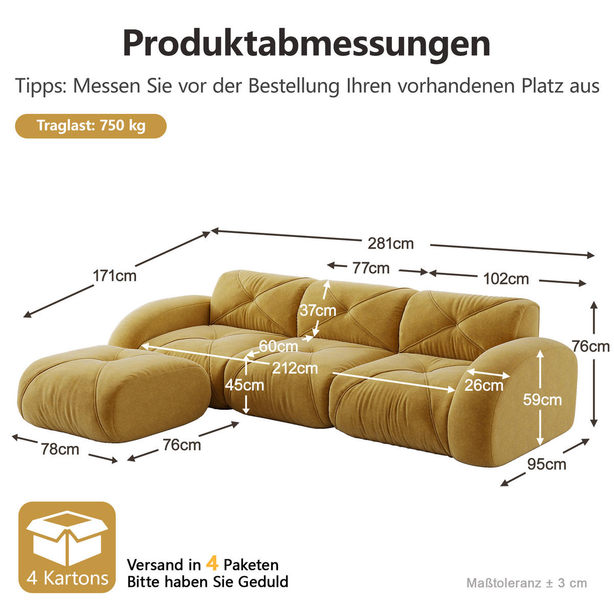 ECKSOFA 281/171/76 cm Gelb Chenille mit 1 Fußhocker, rutschfeste Unterseite - Gelb, Textil (281/171cm) - Oxeza