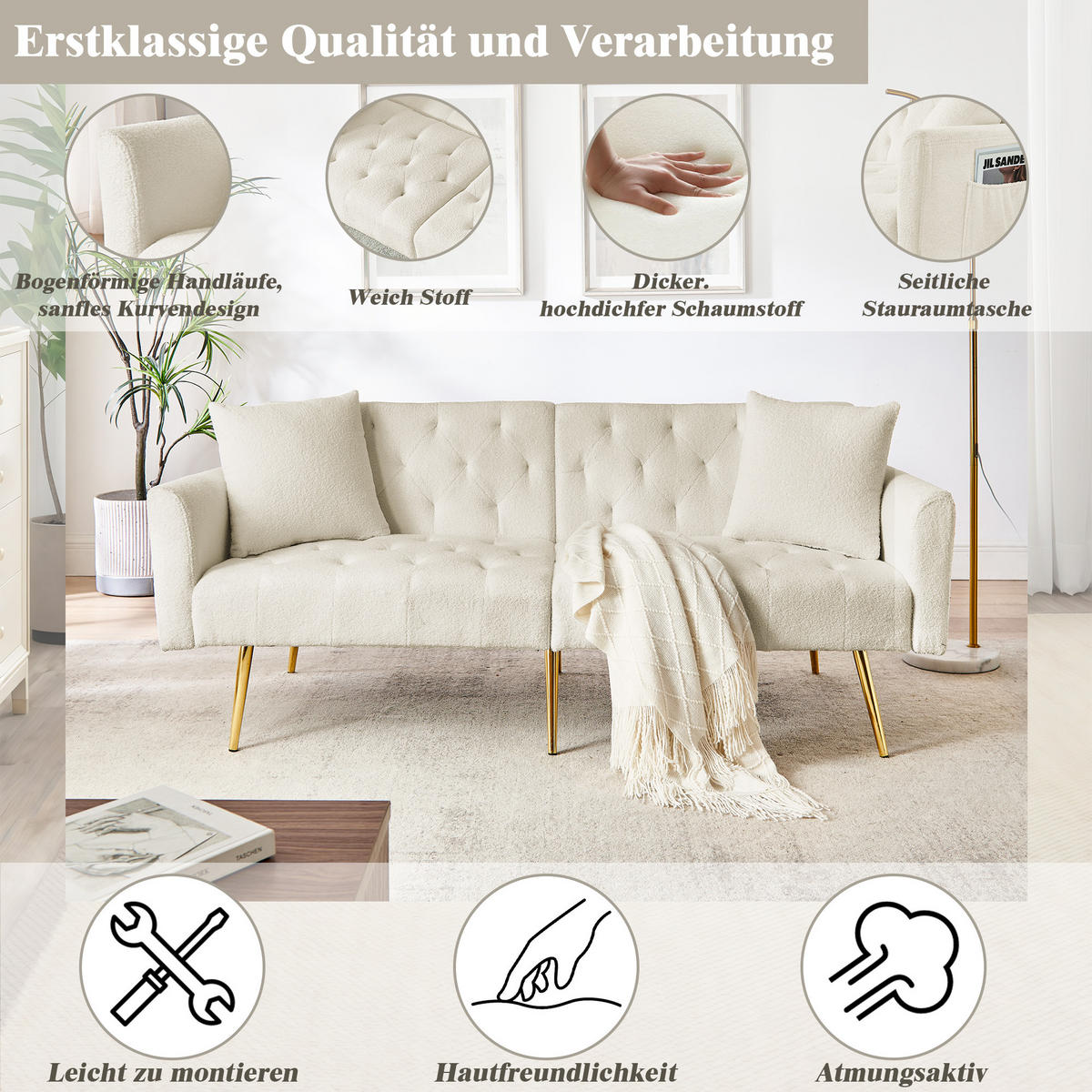 SCHLAFSOFA 177/78/74 cm in Beige Teddyfell mit Aufbewahrungstasche - Beige, Textil (177/74/78cm) - Oxeza