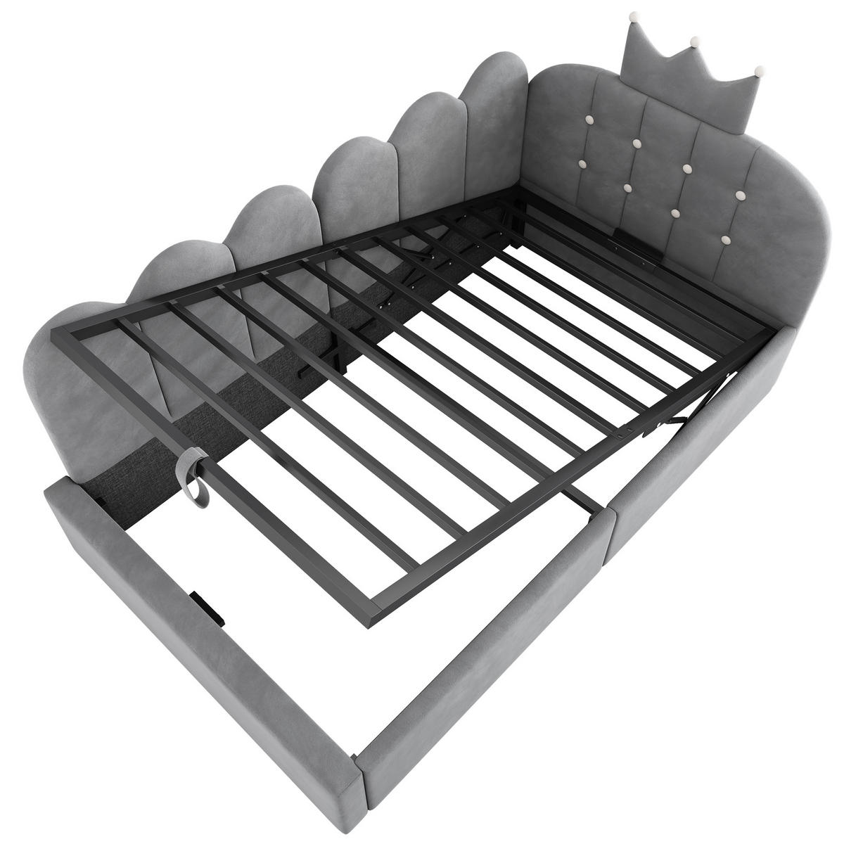 POLSTERBETT 90/200 cm aus Samt mit hydraulischem Stauraum und Kronen-Gitter-Design, Grau - Grau, Holz (90/200cm) - Redom