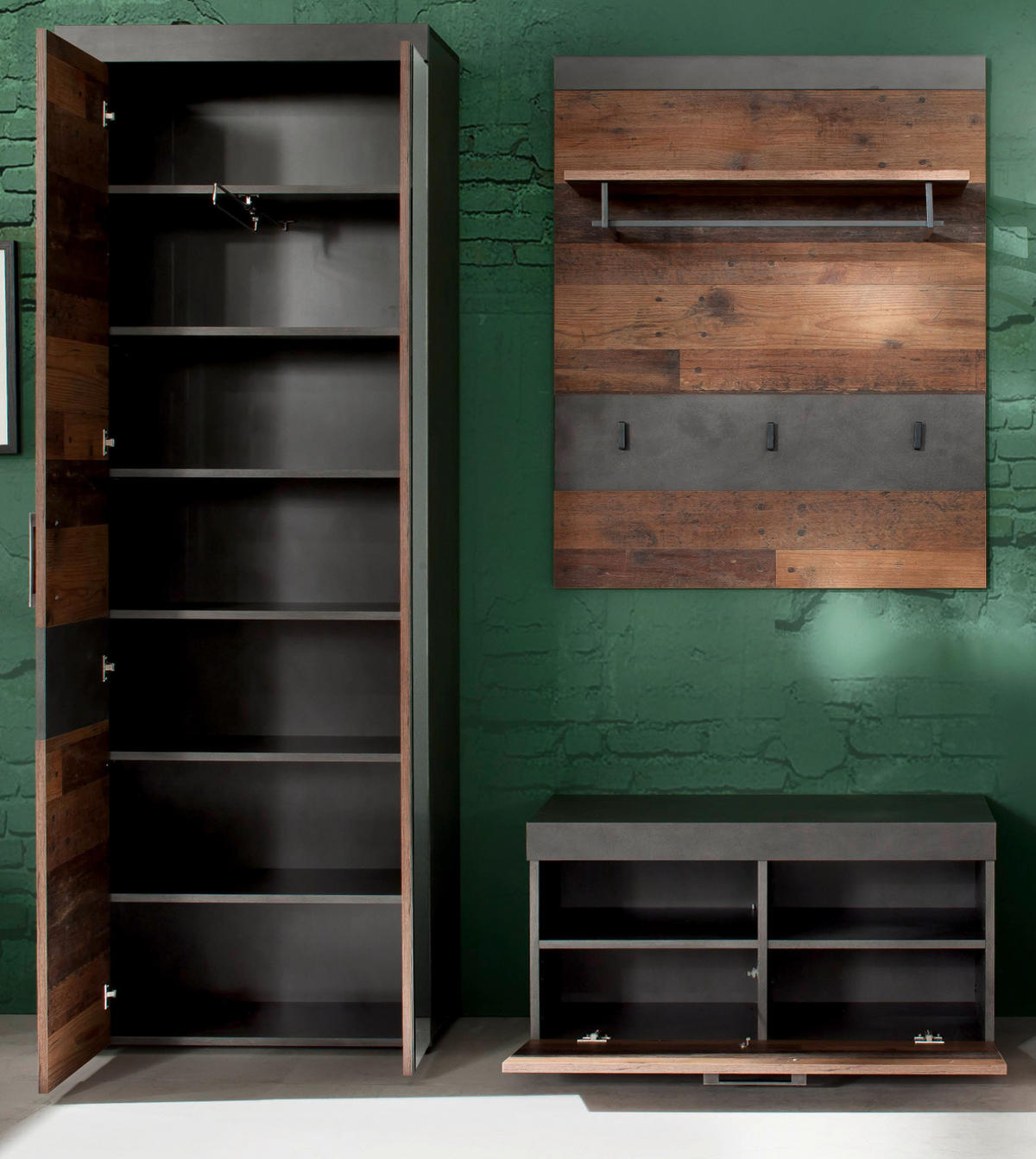 GARDEROBEN-SET 3-teilig in Old Used Wood Vintage 160 cm, Komplettset mit großem Schuhschrank - Silberfarben/Schwarz, Holzwerkstoff/Kunststoff (160/192/37cm) - Top.Furn