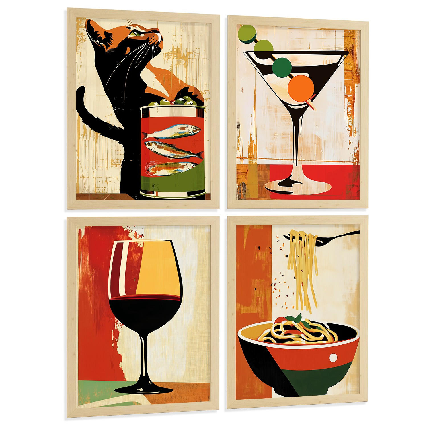 POSTER 4er Set Küchen-Wandbilder Vintage Katze Sardinen Martini Wein und Pasta Retro Esszimmer Bar Deko Rahmenlos A3 - Klar, Papier (29.7/1/42cm) - Nacnic