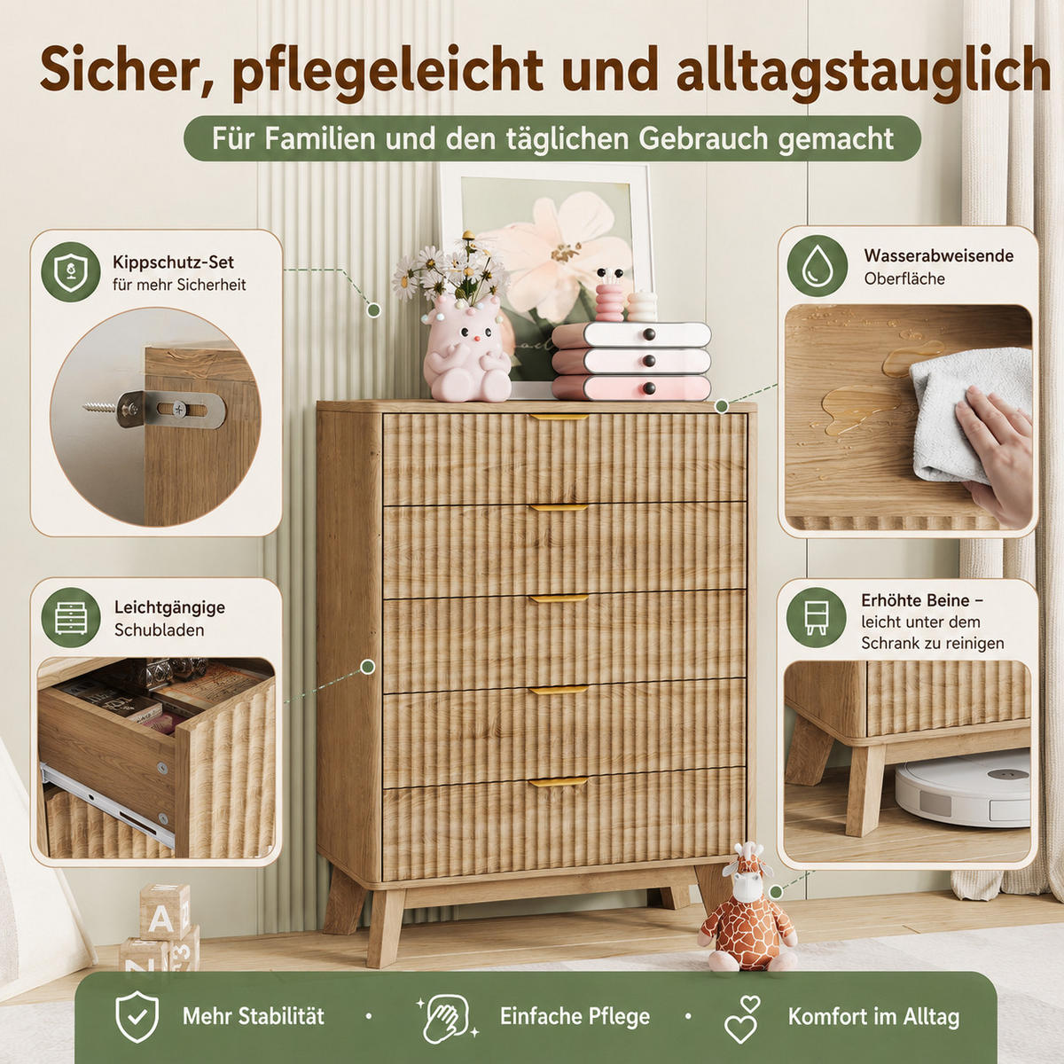 KOMMODE mit vertikaler Rillenfront, 5 Schubladen Stauraum, Eiche hell, 40/73/108cm - Eichefarben, Holz (73/108/40cm) - Joyfair