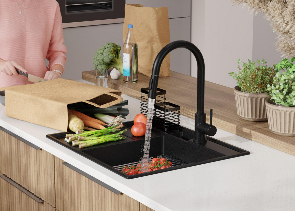 SPÜLBECKEN Sydney Pocket, 2-er set Schwarz 62/53 cm 1 Becken + Ablauf-Set + Küchenzubehörset ab 45er Unterschrank - Chromfarben/Beige, Kunststoff (62/20/53cm) - Primagran