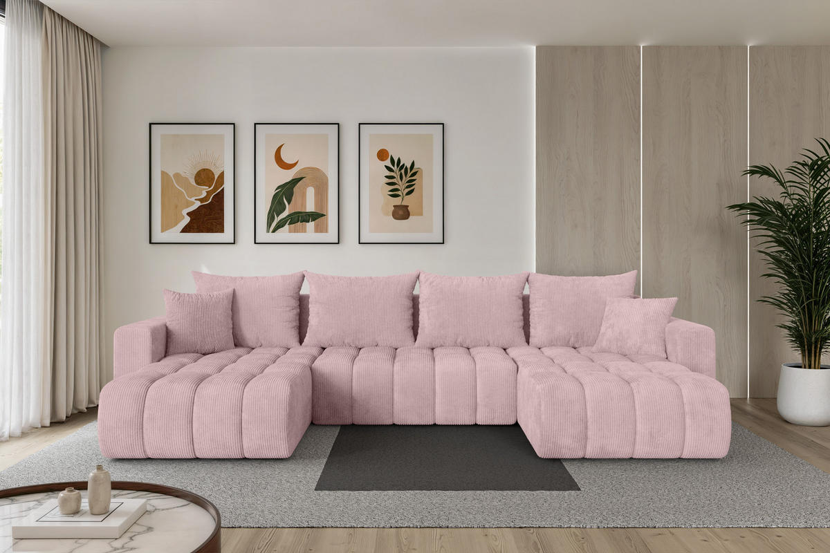 SEDACÍ SOUPRAVA DO U s funkcí spaní a úložným prostorem MILA-U-v1 378x194x86 růžová manšestr - růžová/černá, kompozitní dřevo/textil (378/86/194cm) - ALTDECOR
