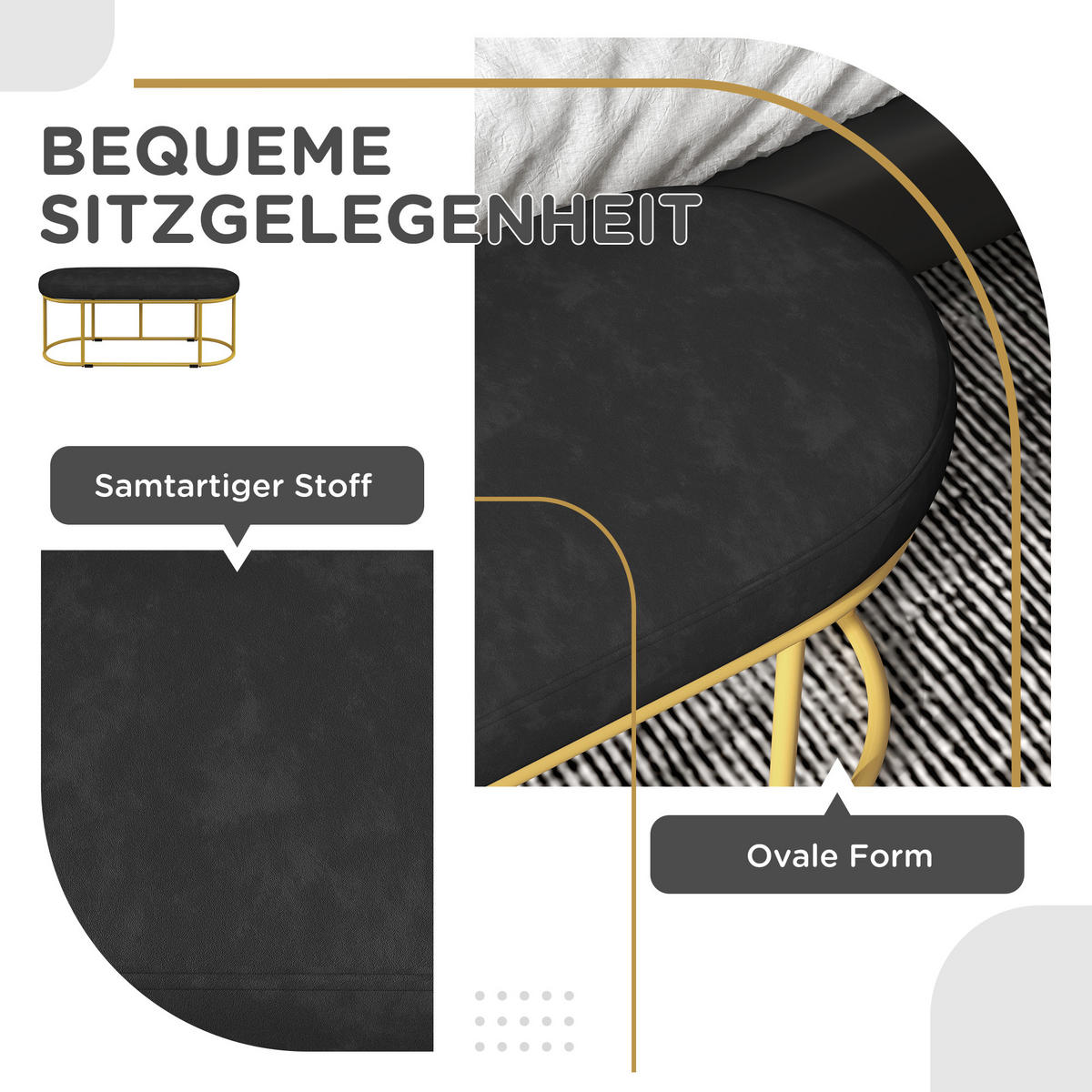 SITZBANK, Bettbank, Polsterbank mit Samtoptik, Schminkbank für Schlafzimmer - Schwarz, Kunststoff (37/43/100cm) - HOMCOM