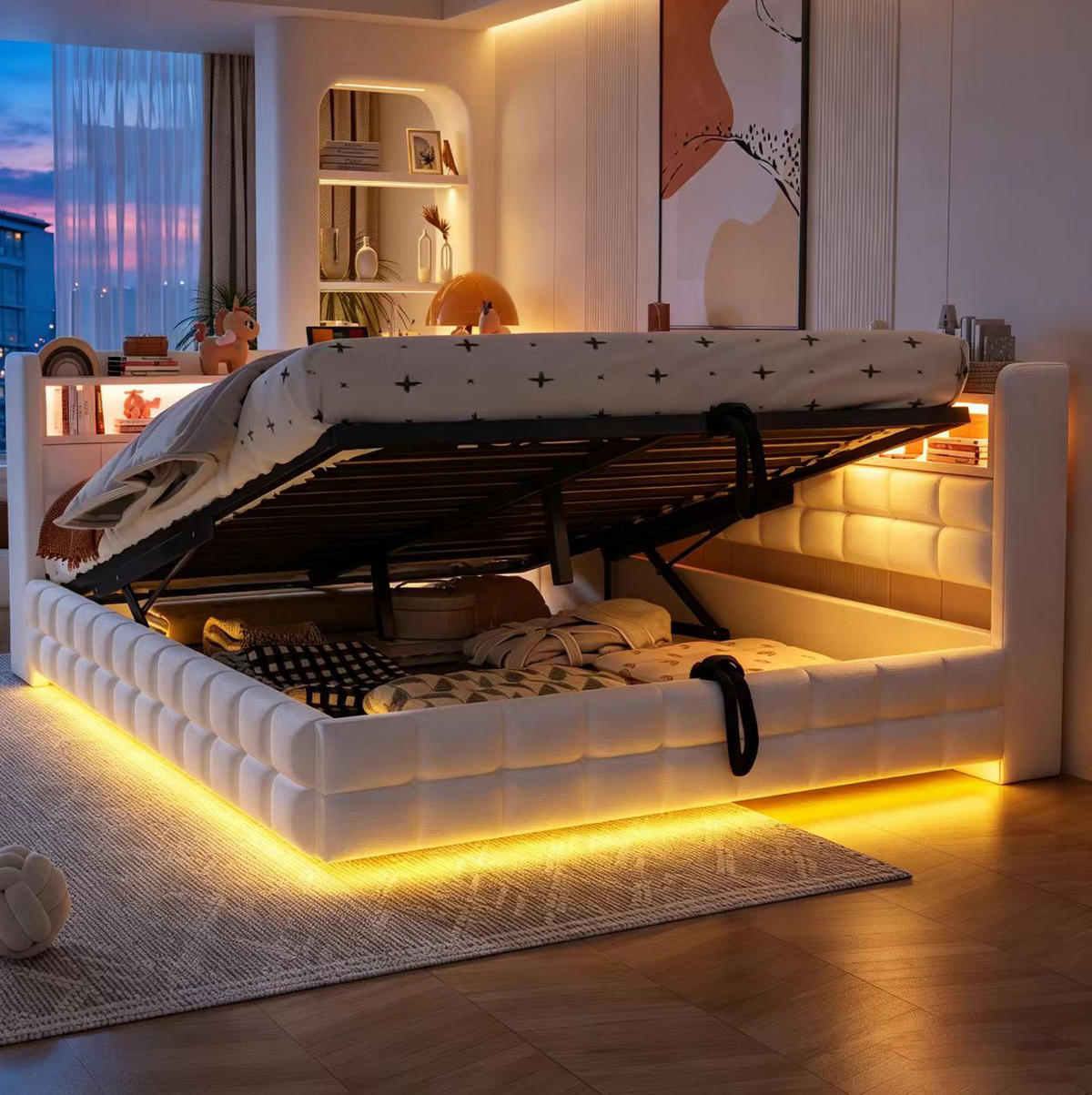 POLSTERBETT 140/200 cm aus Samtstoff mit Stauraum und LED-Beleuchtung, Beige - Beige, Textil (140/200cm) - OKMYHOME