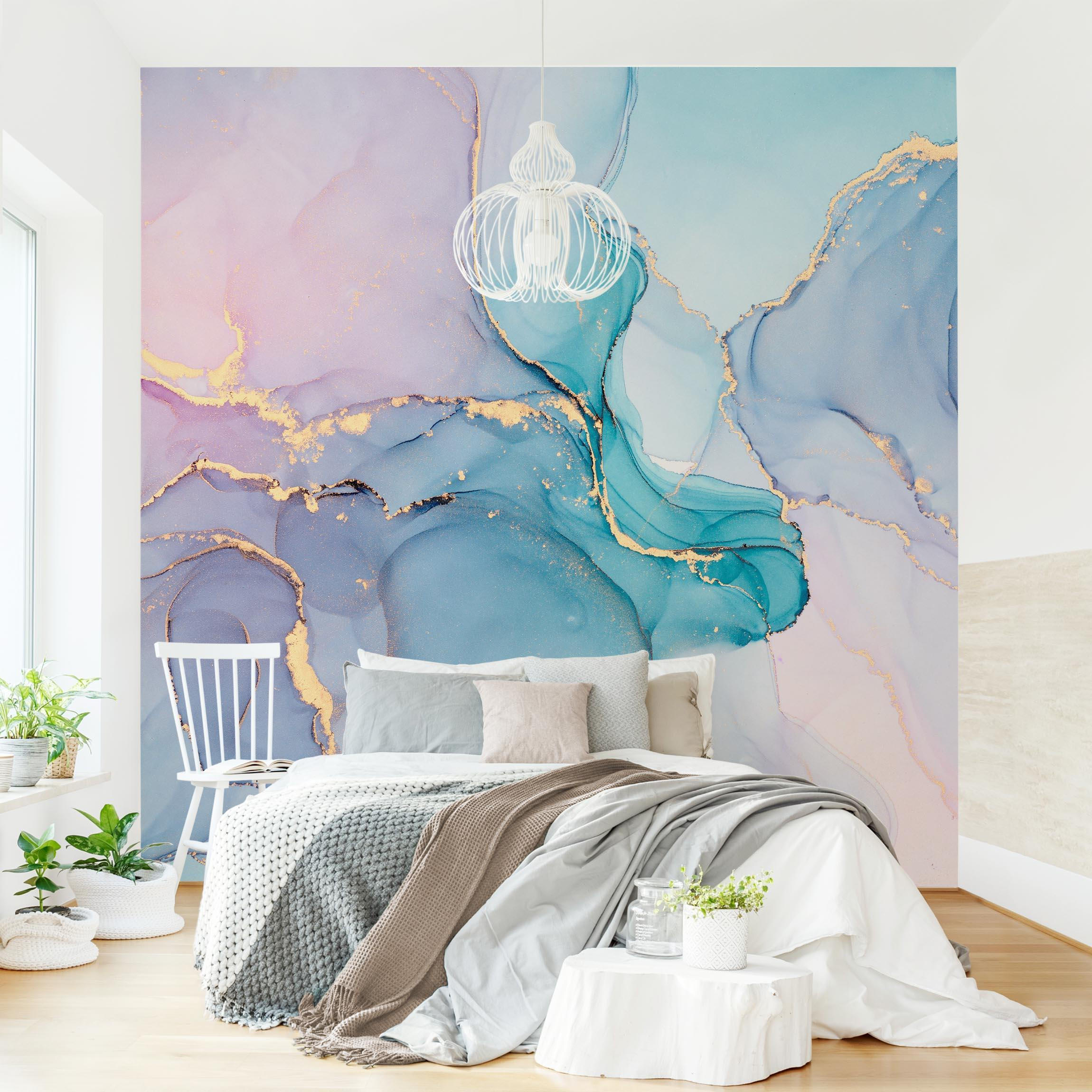 FOTOTAPETE Aquarell Pastell Türkis mit Gold 288/288 cm - Pastellblau, Papier (288/288cm) - Bilderwelten