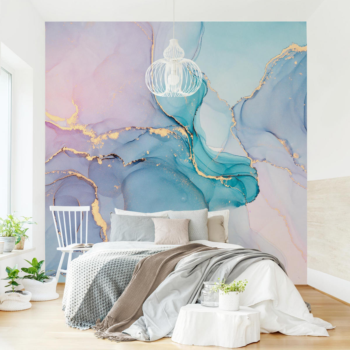 FOTOTAPETE Aquarell Pastell Türkis mit Gold 192/192 cm - Pastellblau, Papier (192/192cm) - Bilderwelten