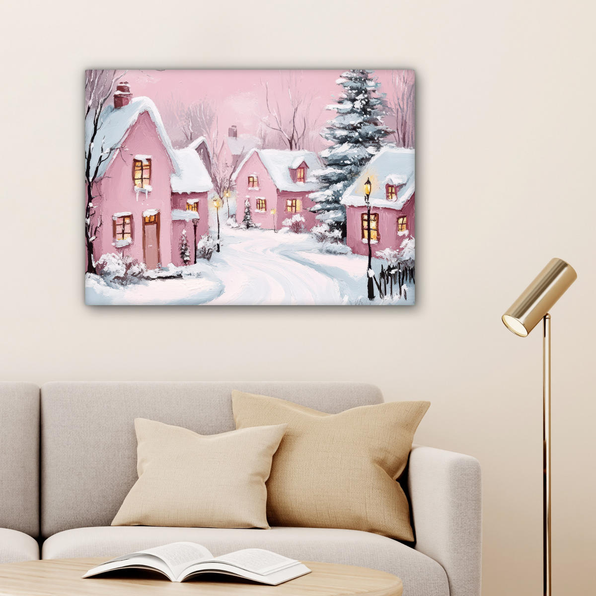 LEINWANDBILD Weihnachtsdorf - Rosa - Winter - Schnee - Häuser Wandbilder 80x60 cm - Altrosa, Textil (80/60cm) - MuchoWow