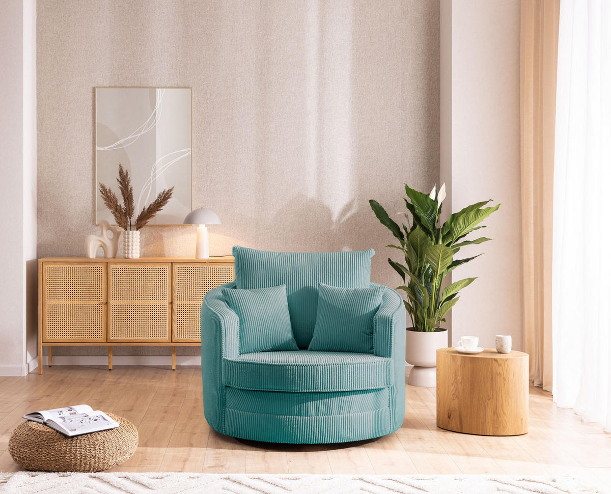 DREHSESSEL Ted aus Türkis Cord-Stoff - Türkis/Schwarz, Holz/Textil (107/94/100cm) - S-Style Möbel