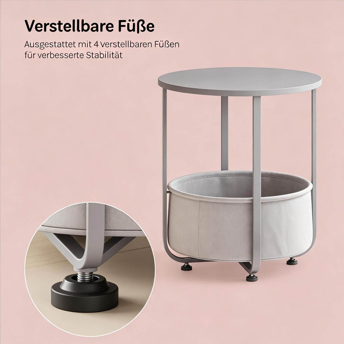 BEISTELLTISCH rund mit Stoffkorb Ø 45 x 50 cm Grau - Grau, Holz (45/45/50cm) - Meubliv