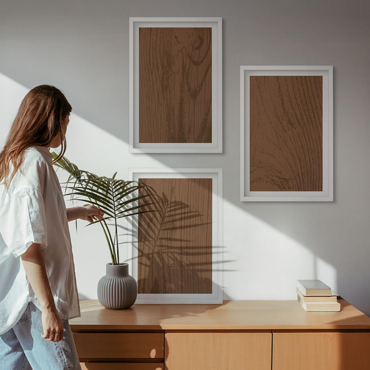 BILDER SET 3er Set - 40x60 cm Weißer Rahmen - Holzstruktur, Rinde, Minimalismus - Weiß, Kunststoff (40/60cm) - TULUP