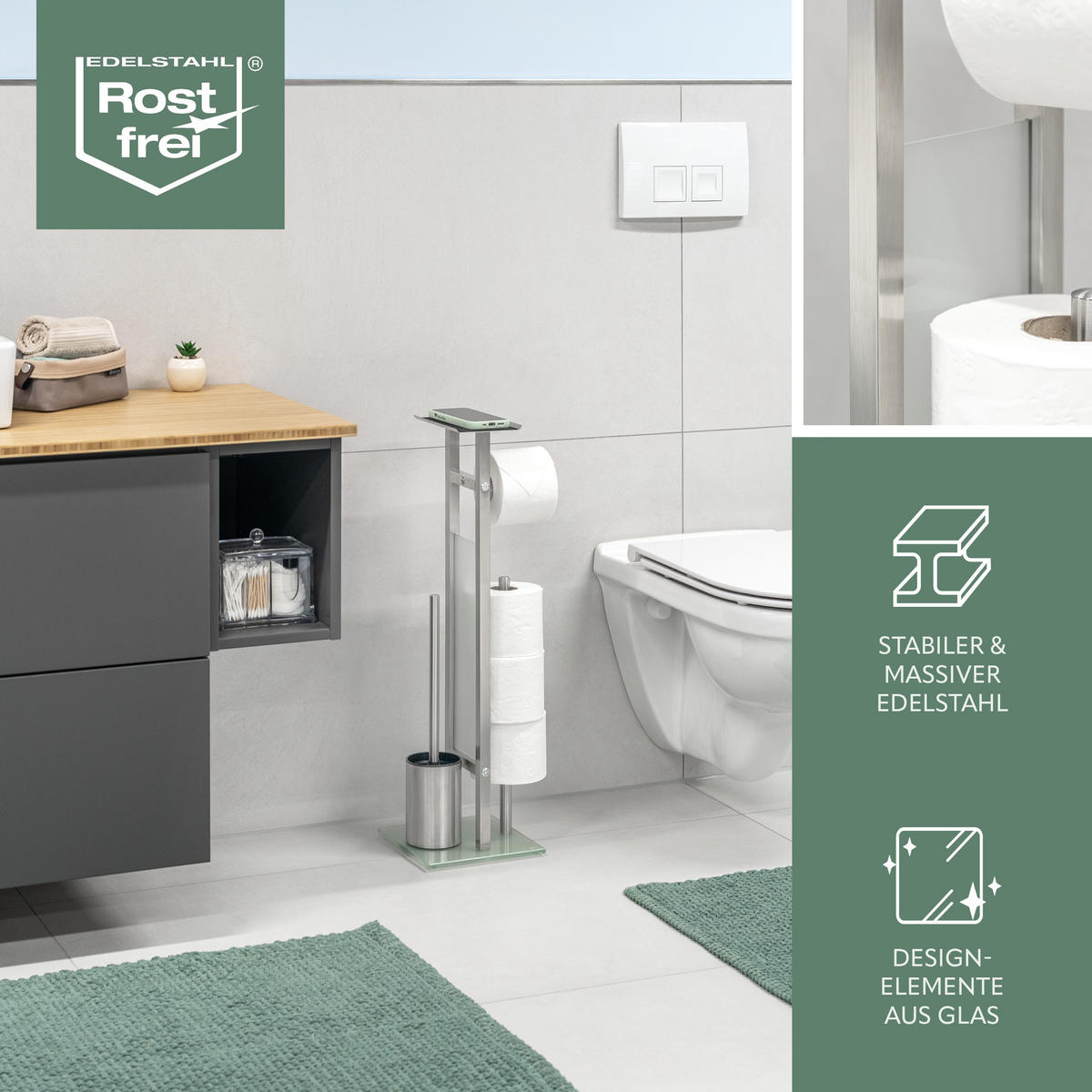 STAND-WC-GARNITUR 4IN1, Edelstahl - Edelstahlfarben, Metall (28/67/20cm) - eluno