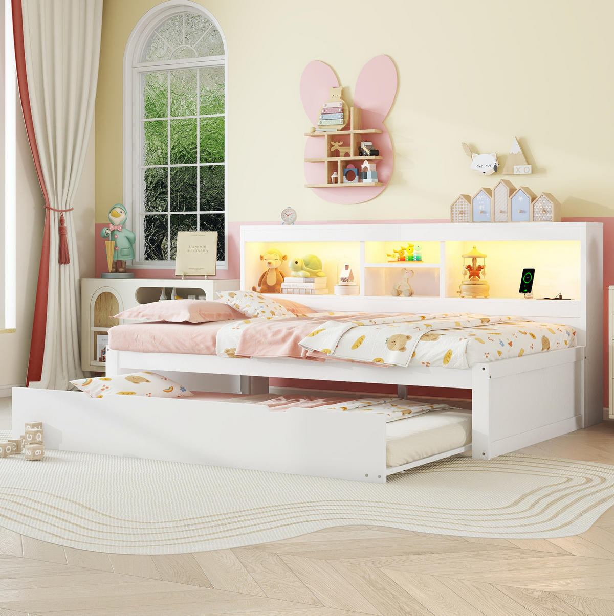 POLSTERBETT aus Spanplatte und MDF 90x200 cm in Weiß mit LED, USB & Ausziehbett - Weiß, Holzwerkstoff (90/200cm) - Modfu