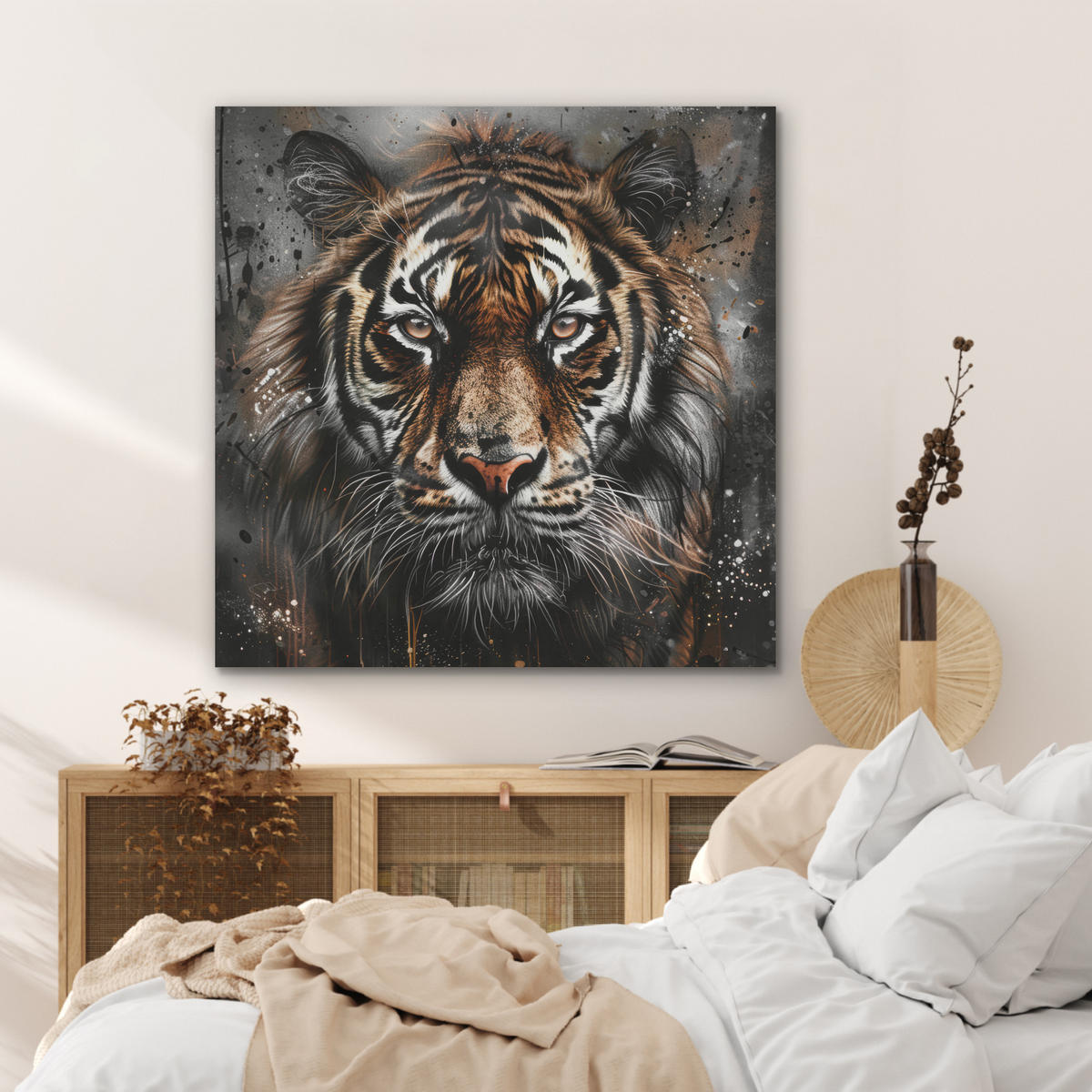 AKUSTIKPANEEL Tiger - Tiere - Porträt - Luxus - Schwarz 90x90 cm - Braun, Textil (90/0.9/90cm) - MuchoWow