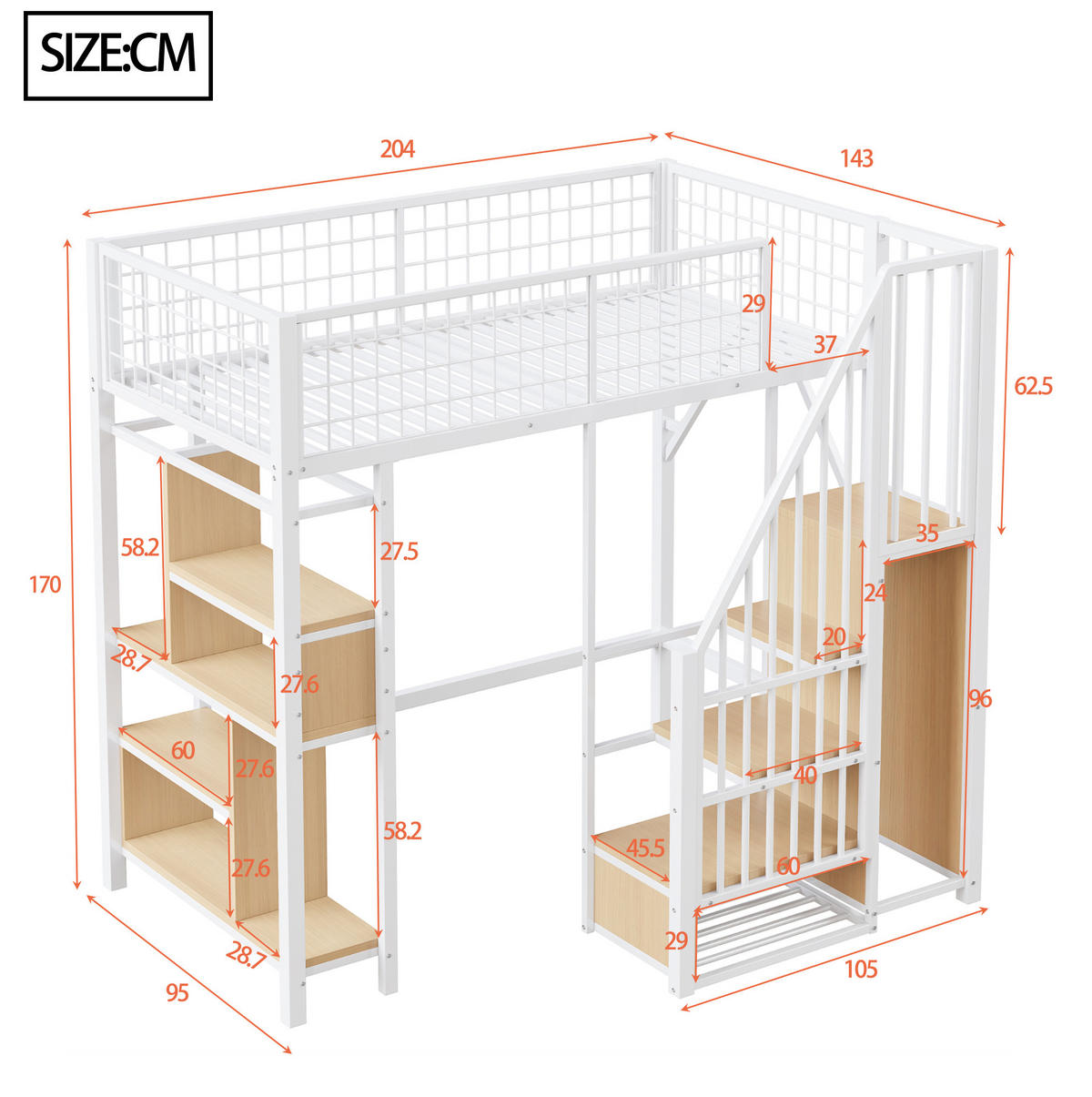 HOCHBETT aus Metall und Holz 90x200 cm Weiß mit Stauraumtreppe und Fächern - Weiß, Holzwerkstoff (90/200cm) - IVMEU