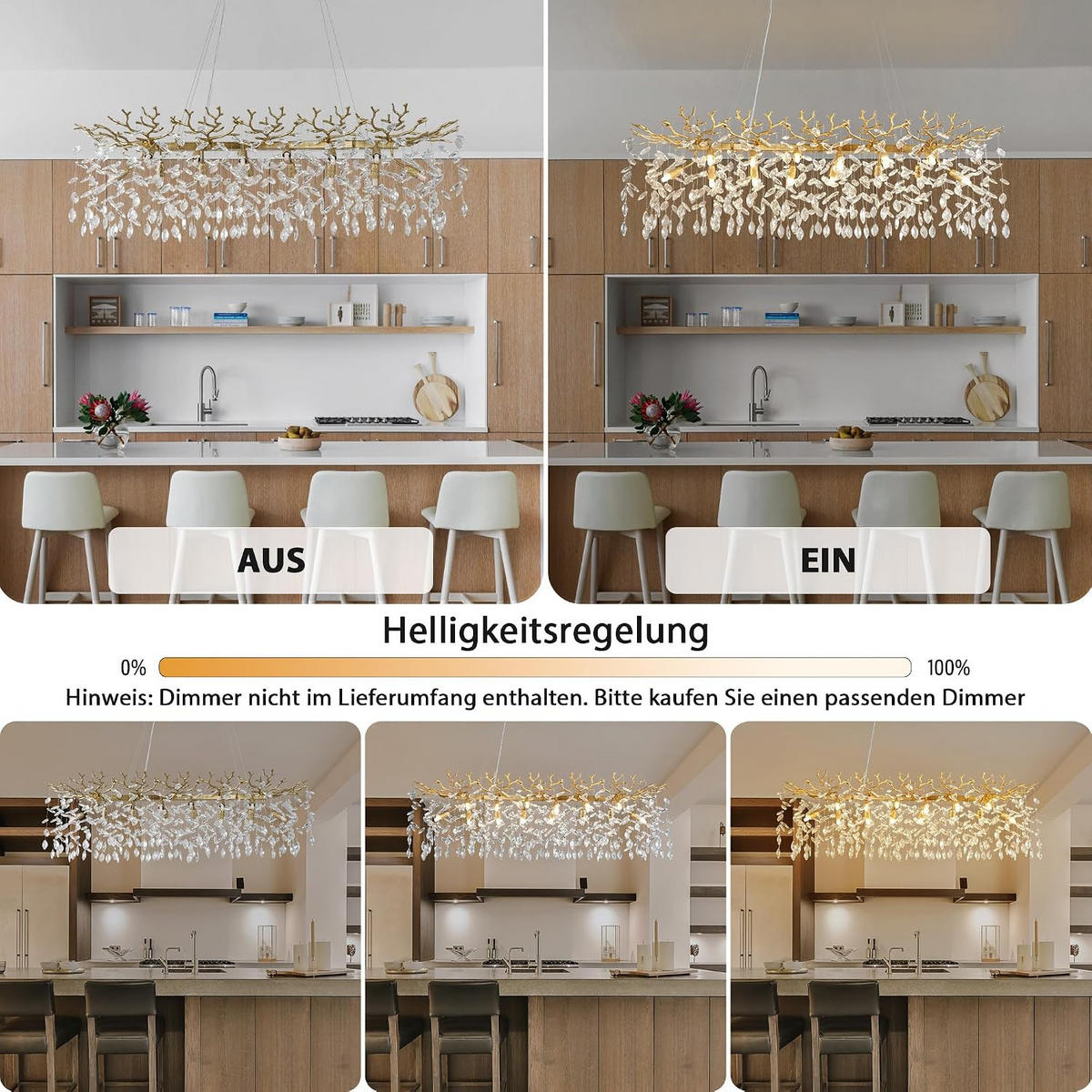 KRONLEUCHTER Rechteck 120 cm K9‑Kristall Baumzweig Gold für Esszimmer und Kücheninsel - Gelb, Naturmaterialien (92/36/27cm) - Surtime