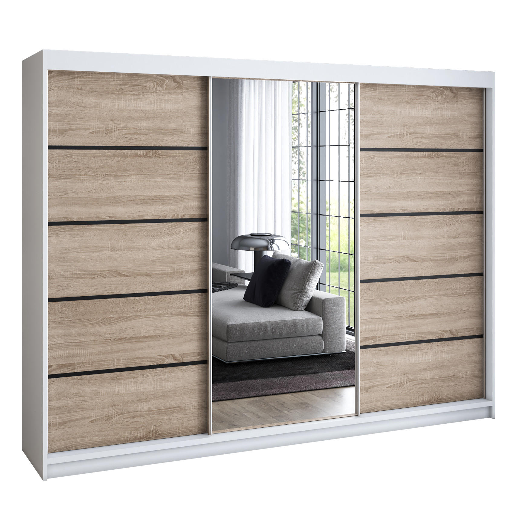 A&J MöbelLand Schwebetürenschrank Weiß, Braun 200x215x59.5 cm