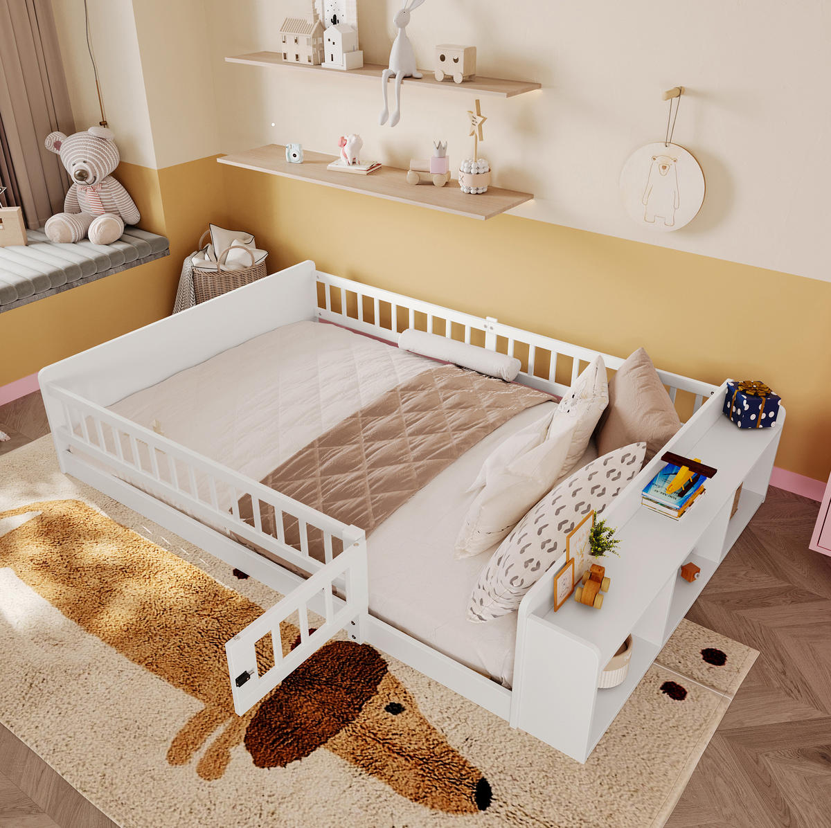 KINDERBETT Liegefläche 140/190 cm aus Kiefernholz mit Stauraum und Zauntür - Weiß, Holz (140/190cm) - BEAOK