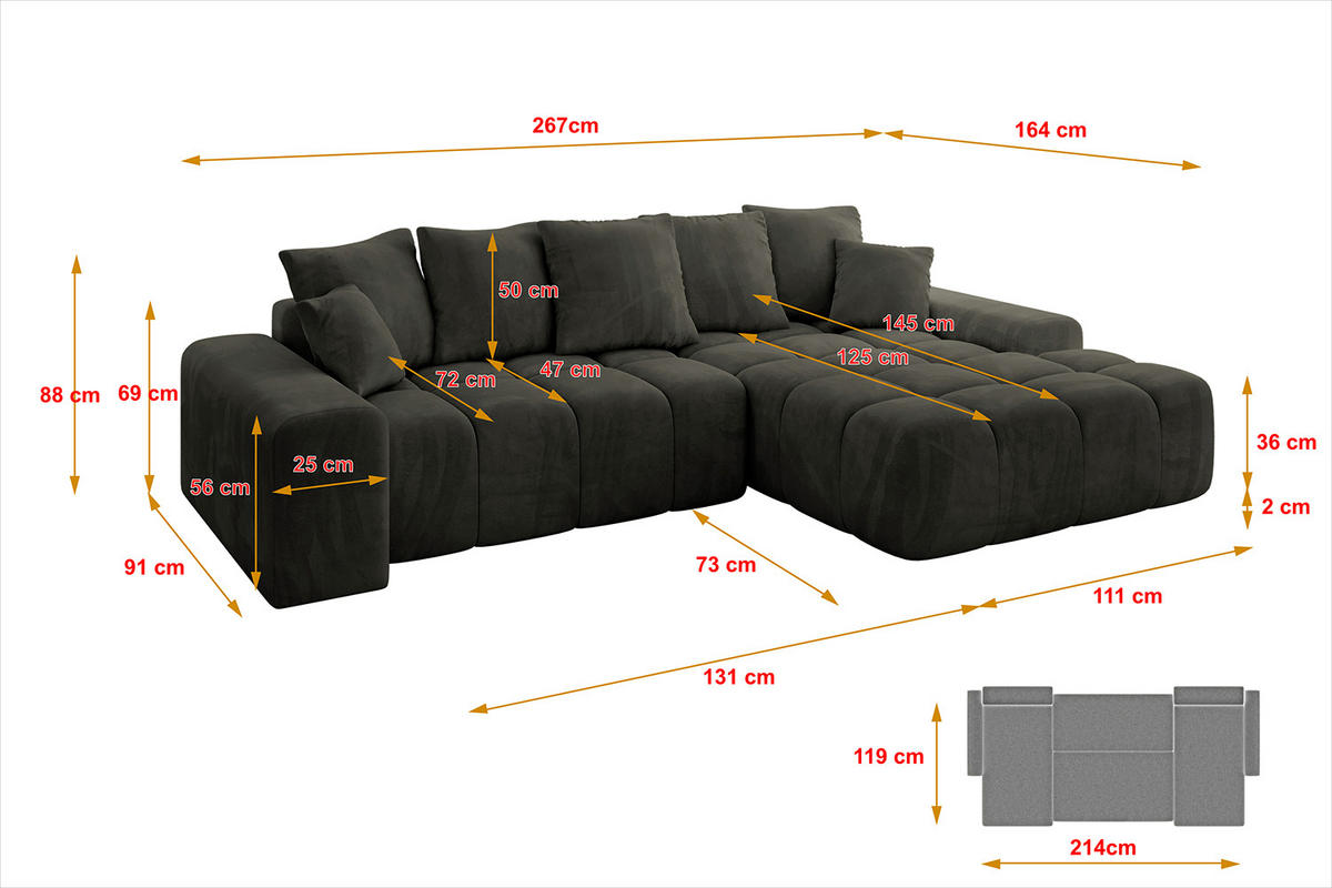 ECKSOFA Ottomane Rechts ENSI-L - 267x164x88 cm Schwarz - Schwarz, Holzwerkstoff/Kunststoff (164/267cm) - ALTDECOR