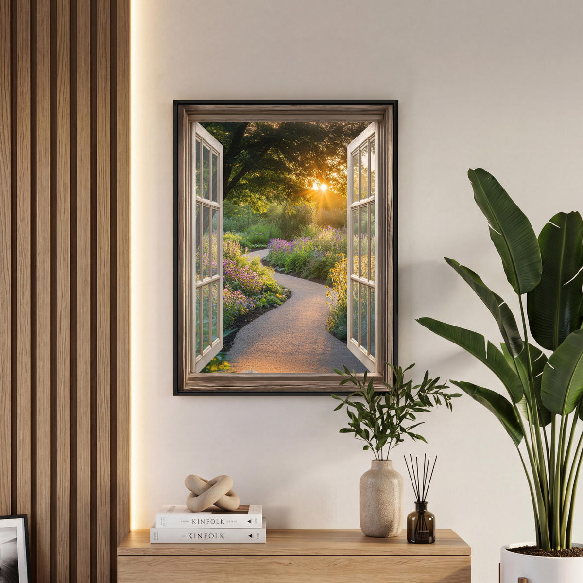 LEINWAND Bilder mit Rahmen - Aussicht - Blumen - Natur - Sonne - Weg - 60x80 - Hellgelb, Textil (60/80cm) - MuchoWow