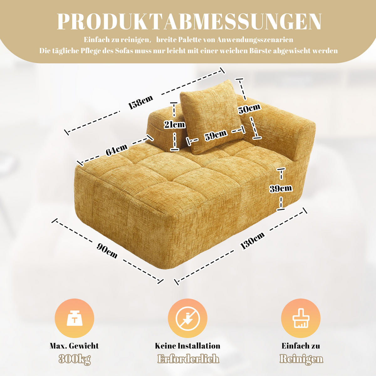 CHAISELONGUE Sofa Chenille mit Seitentaschen und Kissen 158/90/60 cm Gelb - Gelb, Textil (60/158/90cm) - Redom
