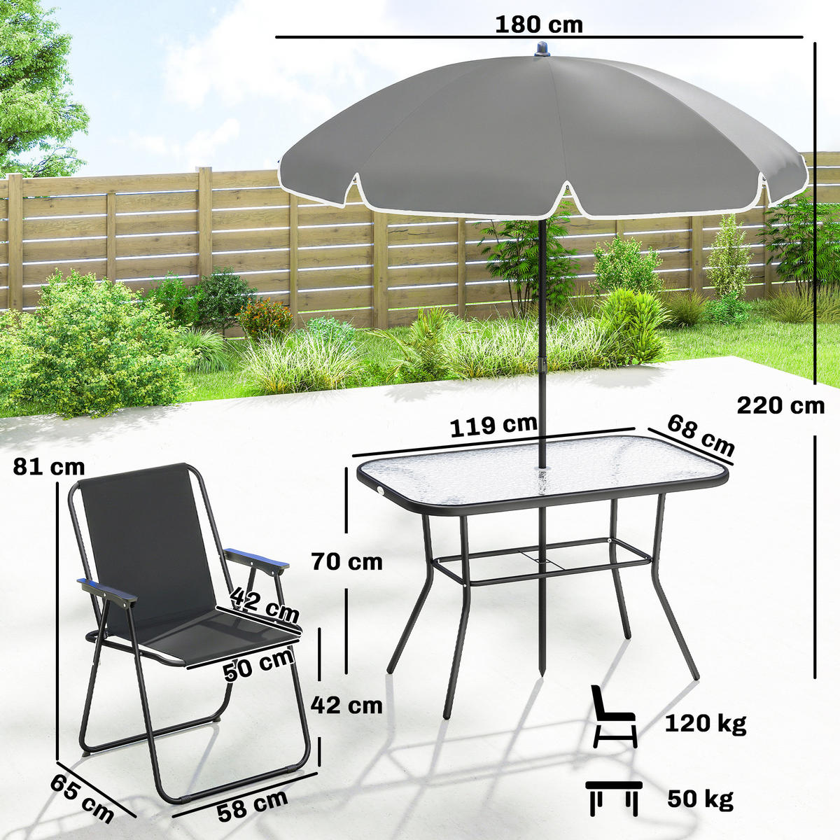 GARTEN-SET 8-teilig,Sonnenschirm+6 Klappstühle+Glastisch,schwarz - Schwarz, Metall - Vallsero