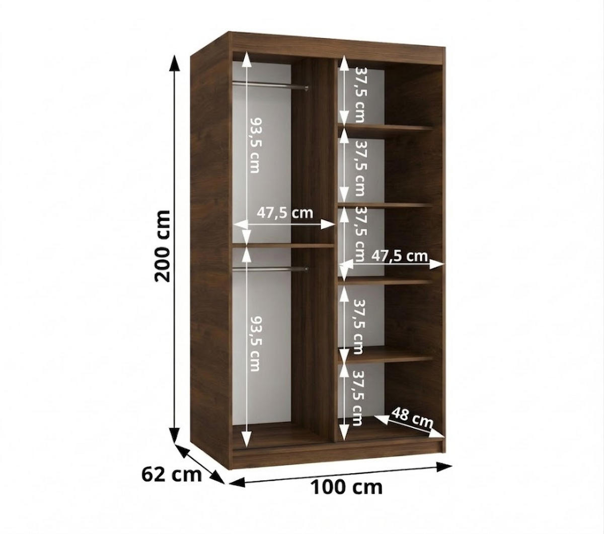 SCHIEBETÜRENSCHRANK mit Spiegel ROYAL 200/100/62 2-türig - Silberfarben/Walnussfarben, Holz (100/62/100cm) - MÖBEL KRYSPOL