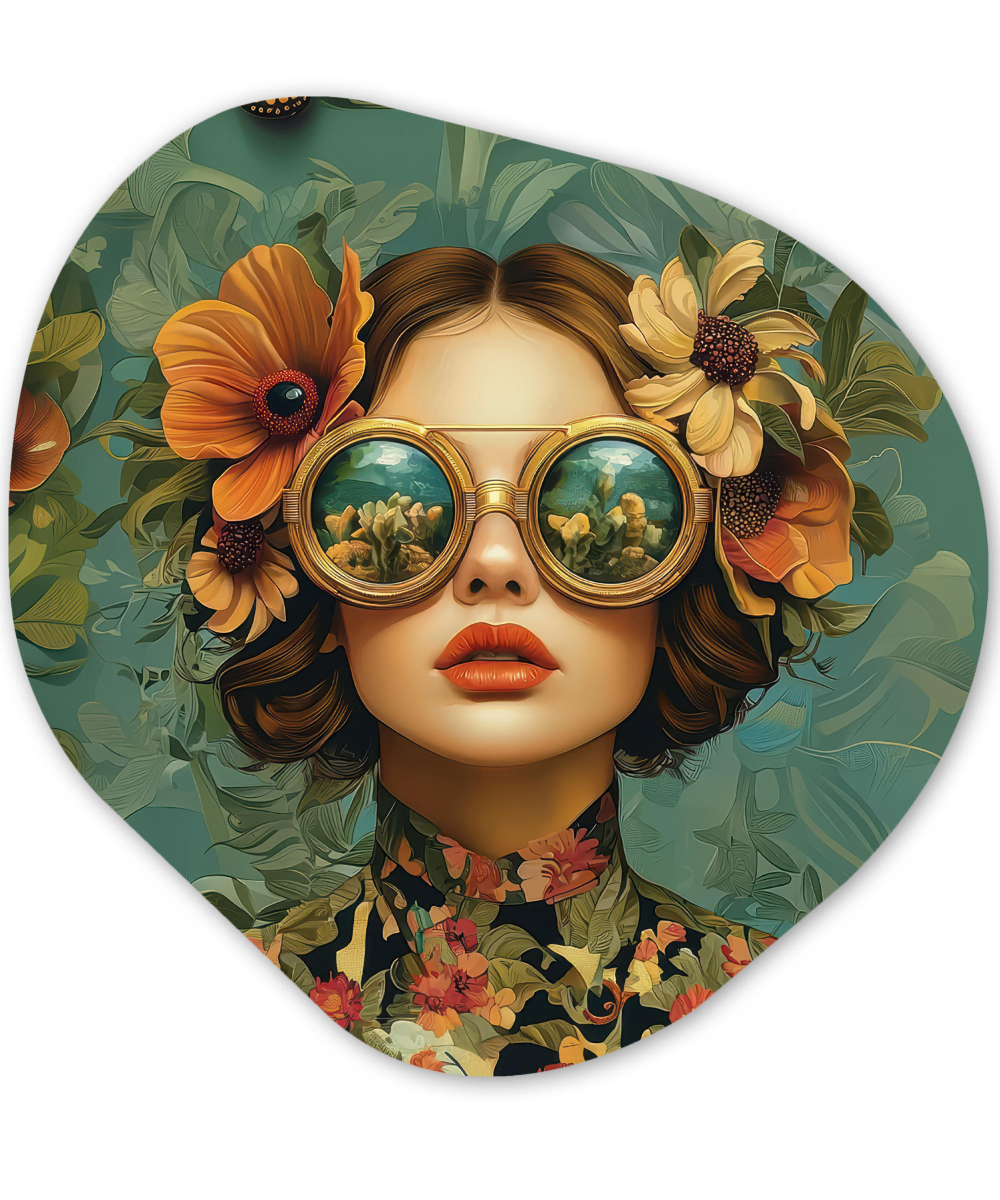 WANDBILD Frau - Blumen - Schmetterlinge - Natur - Vintage 40x40 cm - Petrol, Kunststoff (40/40cm) - MuchoWow