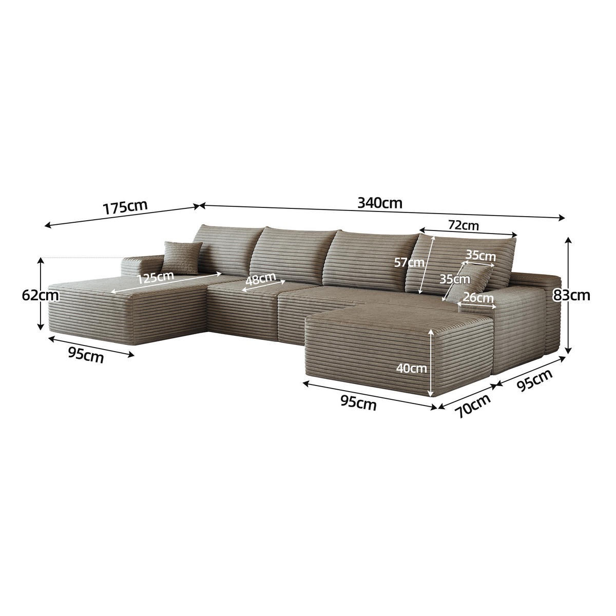 WOHNLANDSCHAFT DE-34857 U-Form 3-Sitzer Chaiselongue links Camel - Sandfarben, Textil (175/83/270cm) - ComfortXL