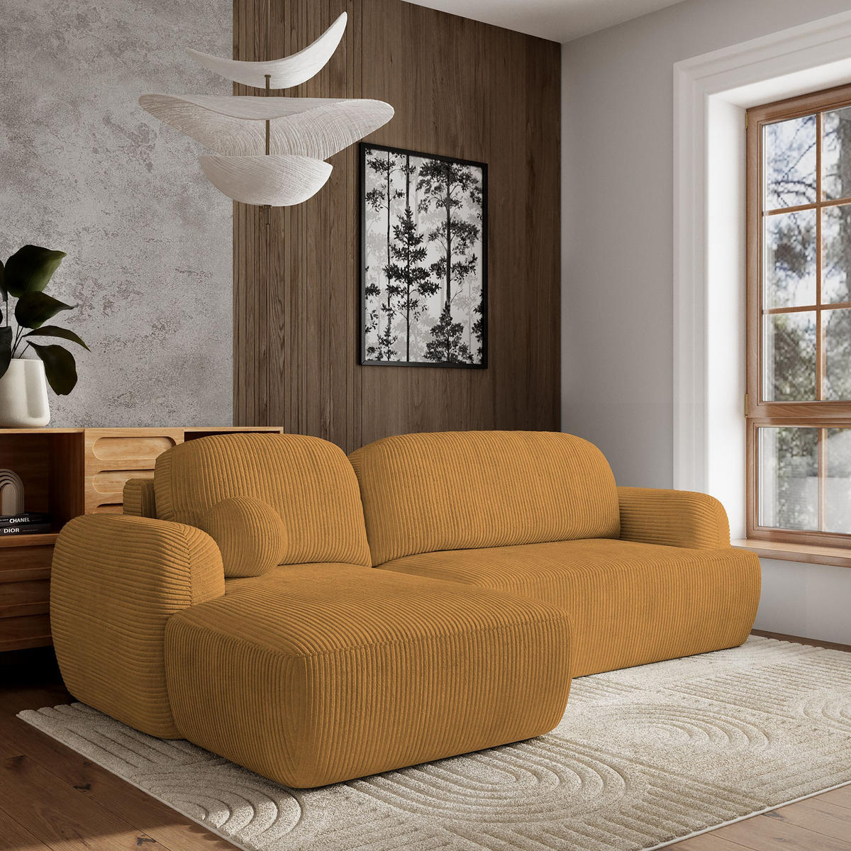 ECKSOFA MODENZA P L-S Gelb Kordstoff mit Schlaffunktion - Gelb, Holz (266/148cm) - MASSENO