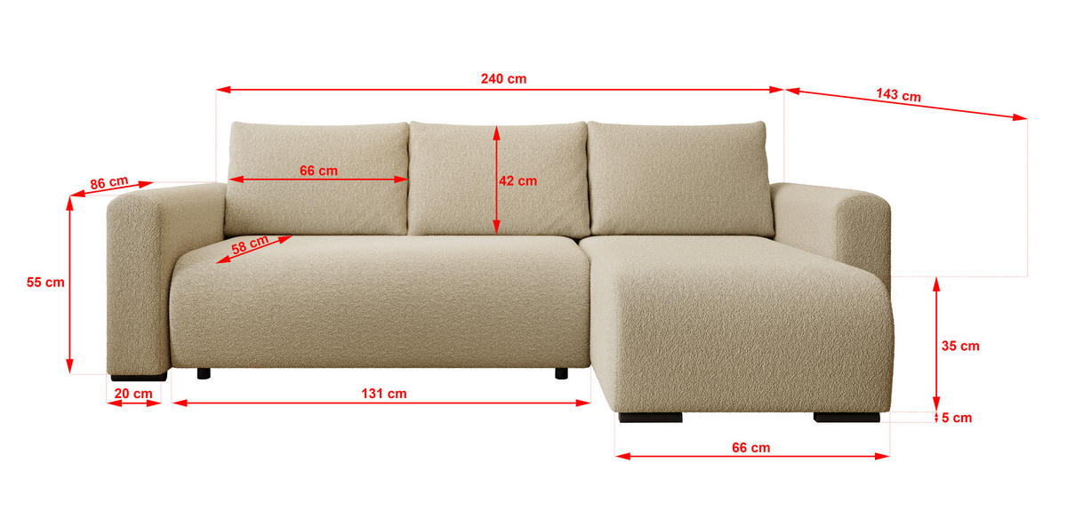 ECKSOFA DORA L, Eckcouch in L-Form mit Schlaffunktion und Bettkasten, Farbe: Creme, Bouclé-Stoff, Ottomane Rechts - Creme, Textil (240/143cm) - Storez24