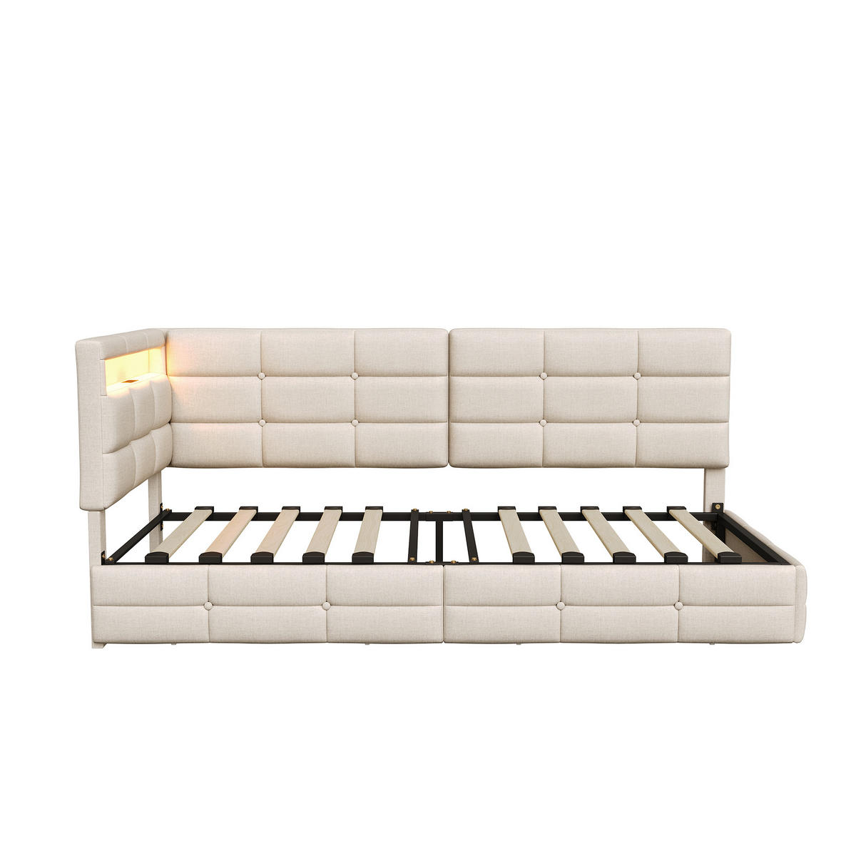 POLSTERBETT 90x200 cm Tagesbett mit 2 Schubladen, LED & USB, Einzelbett mit L-förmigem Kopfteil, Beige - Beige, Metall (90/200cm) - EuroLiving