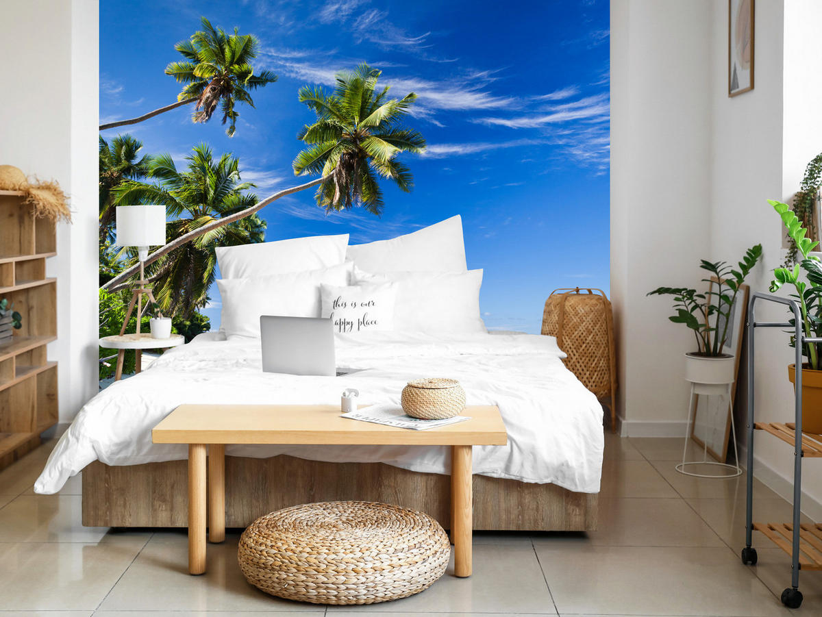 FOTOTAPETE Strand Ozean Palmen Landschaft 3D 450x315 - Türkis/Blau, Papier (450/315cm) - Muralo