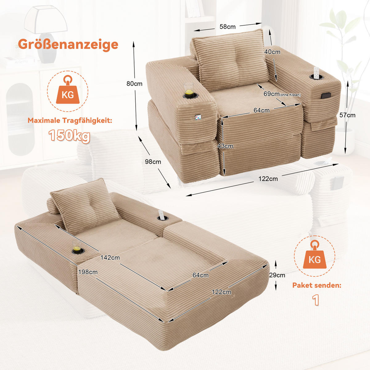SCHLAFSOFA mit Klappfunktion, Seitentasche und Getränkehalter aus Cord - Taupe, Textil (122/80/98cm) - EVRYAE