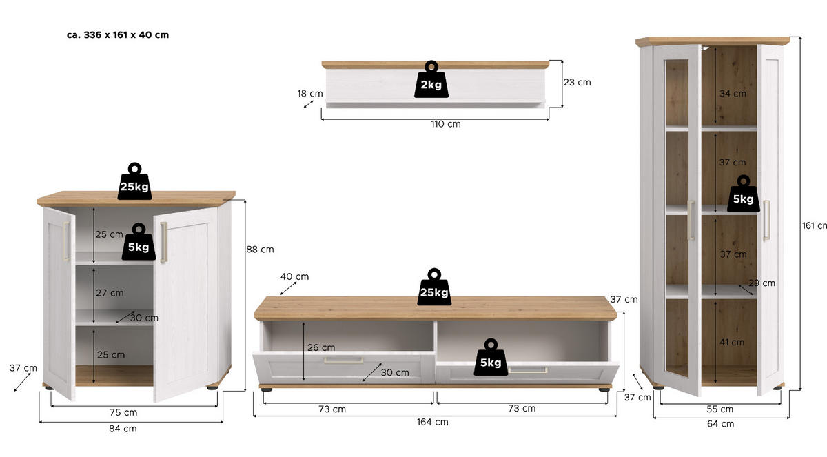 WOHNWAND 4-teilig weiß Lärche, Eiche Artisan 336 cm Landhaus, Schrankwand mit viel Stauraum - Silberfarben/Schwarz, Glas/Holzwerkstoff (336/161/40cm) - Inn.Furn